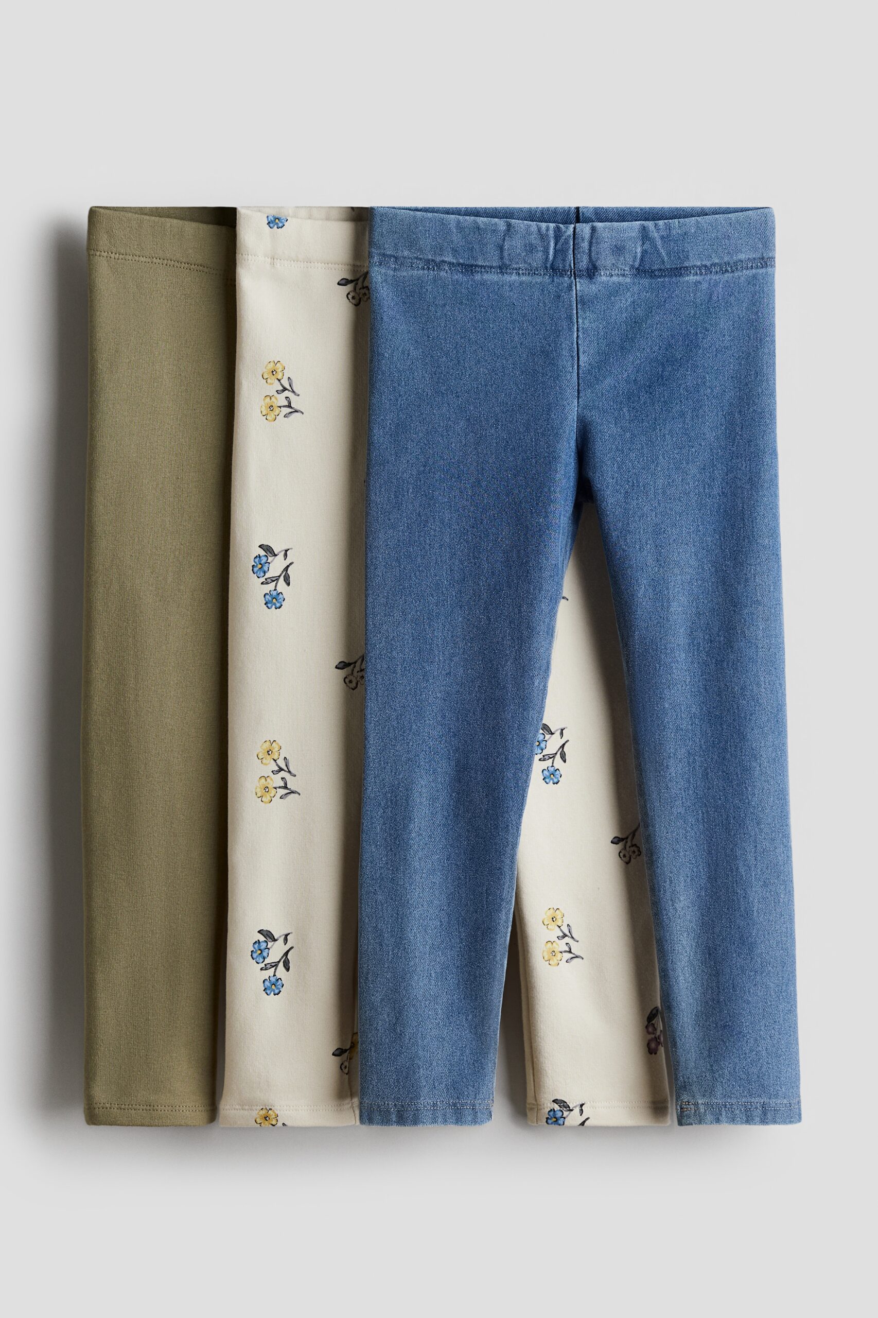 H & M - Set van 3 katoenen leggings - Denimblauw/Bloemen