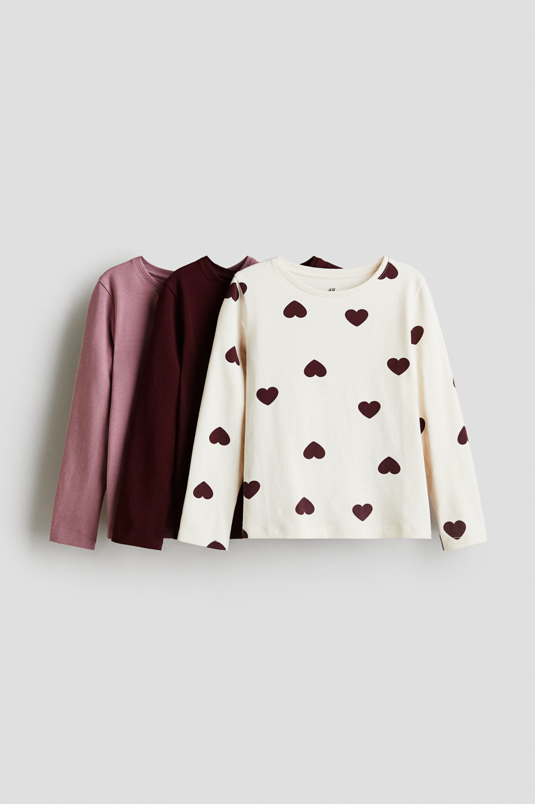H & M - Set van 3 tops met lange mouwen - Donkerrood/Hartjes