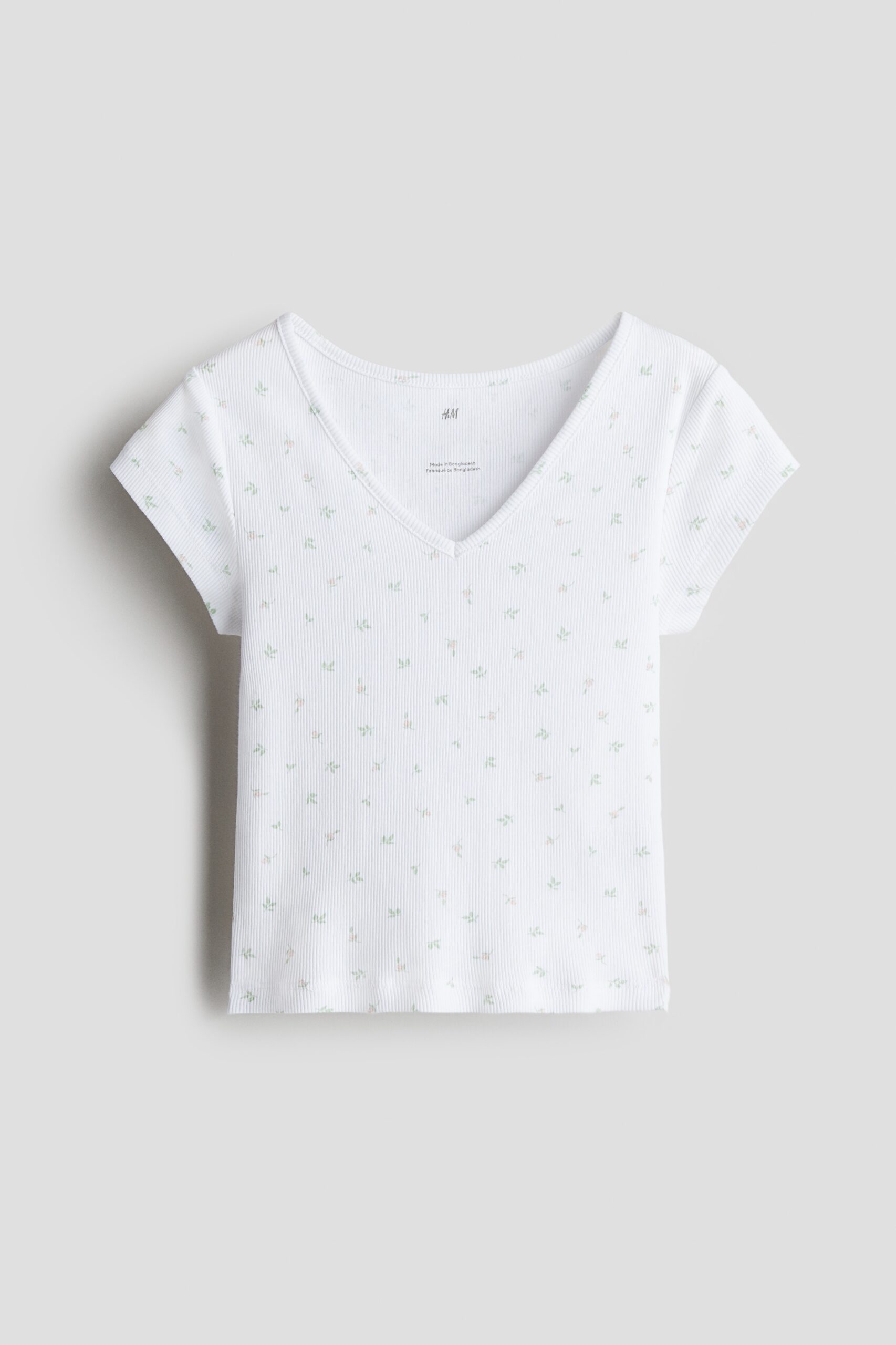 H & M - Top van katoenen ribtricot - Wit/Bloemen