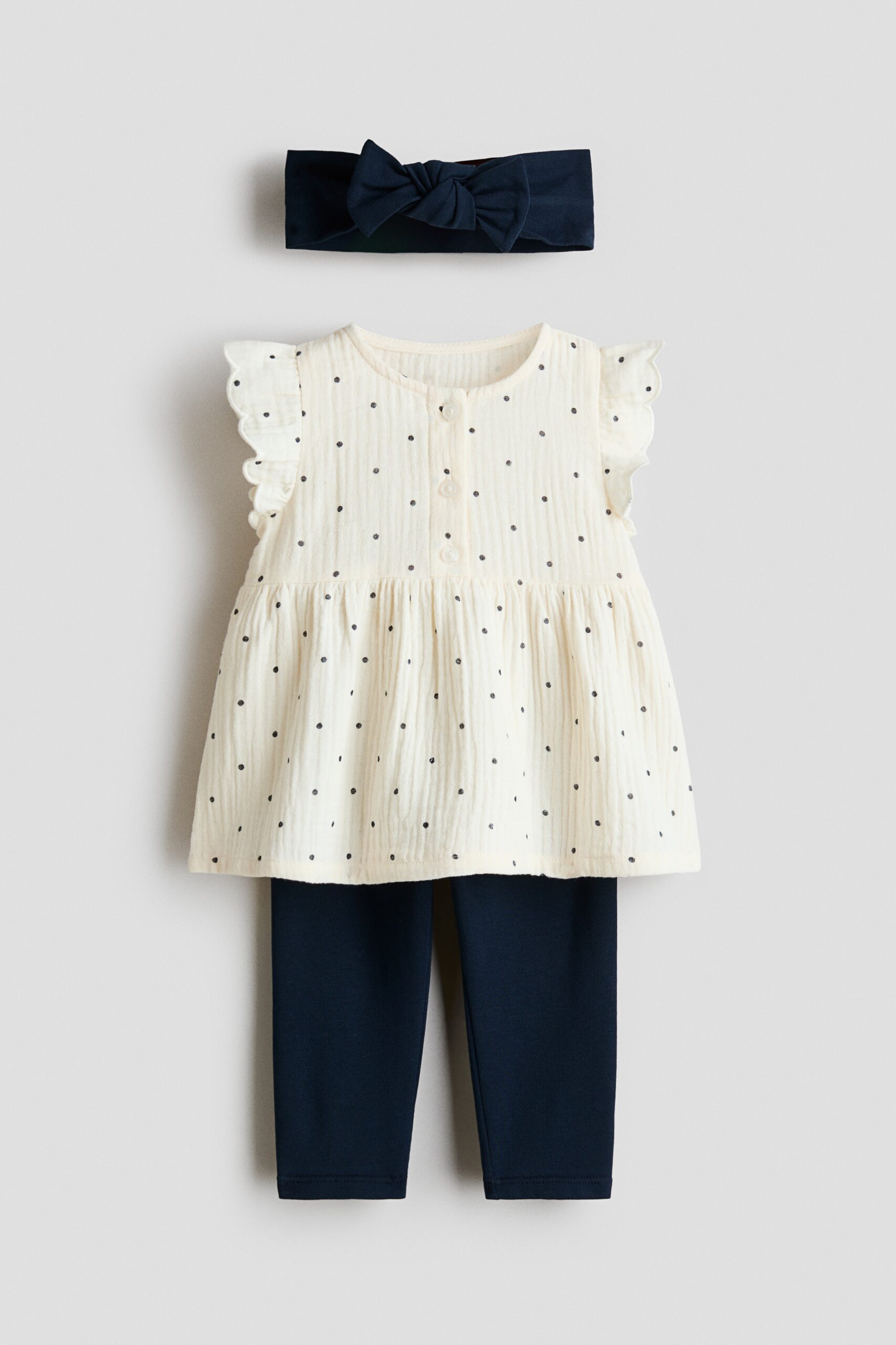 H & M - Driedelige katoenen set - Marineblauw/Stippen