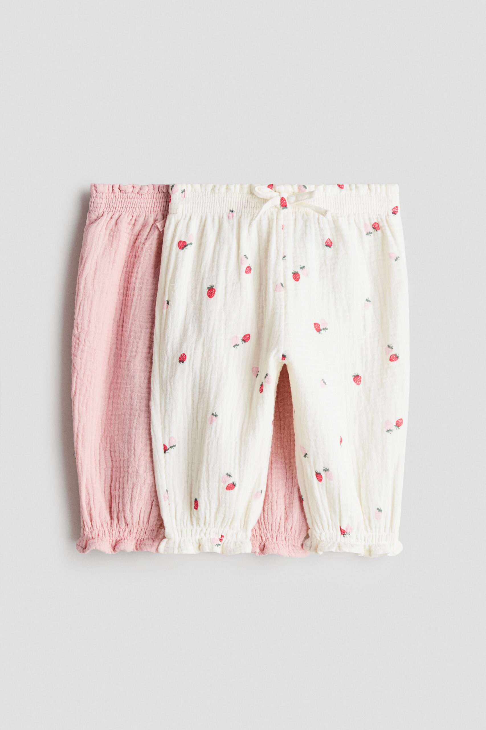 H & M - Set van 2 broeken van katoenen mousseline - Wit/Aardbeien