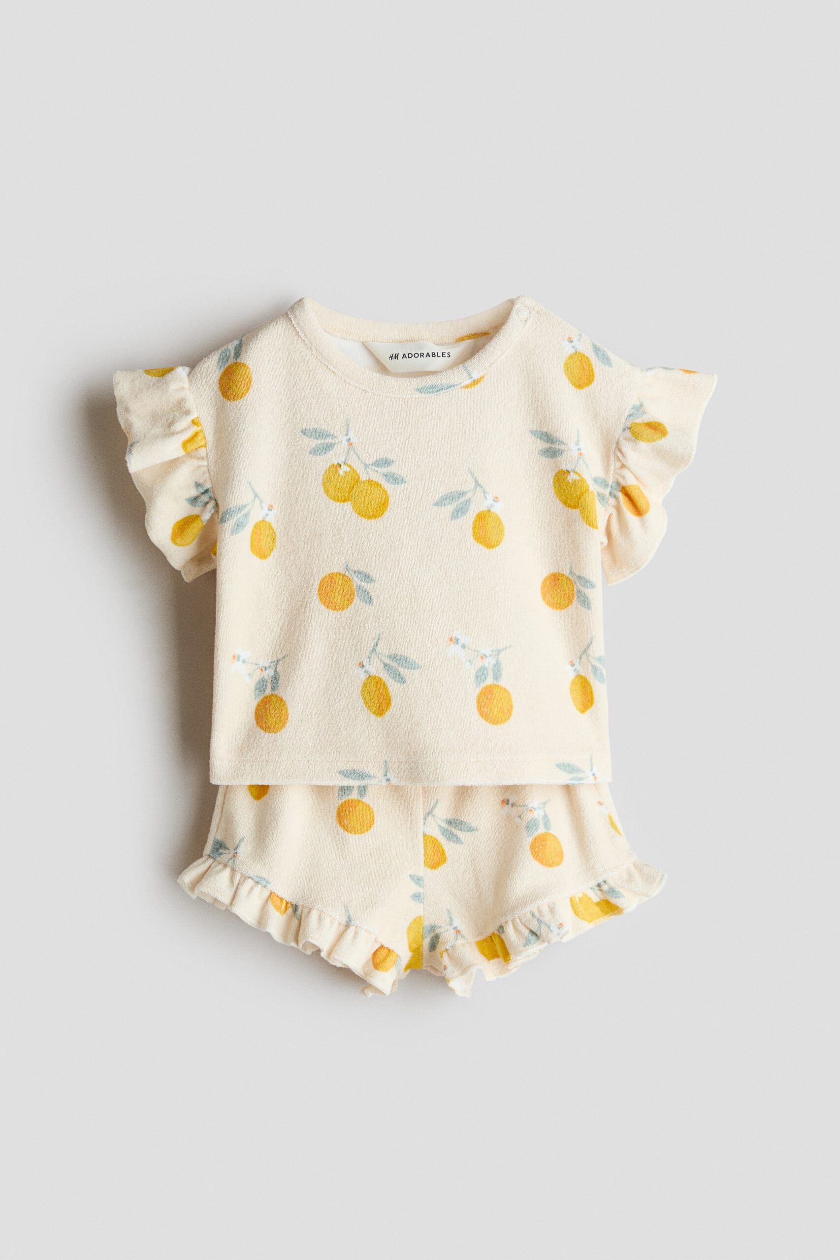 H & M - Tweedelige badstof set met volants - Lichtbeige/Citroenen
