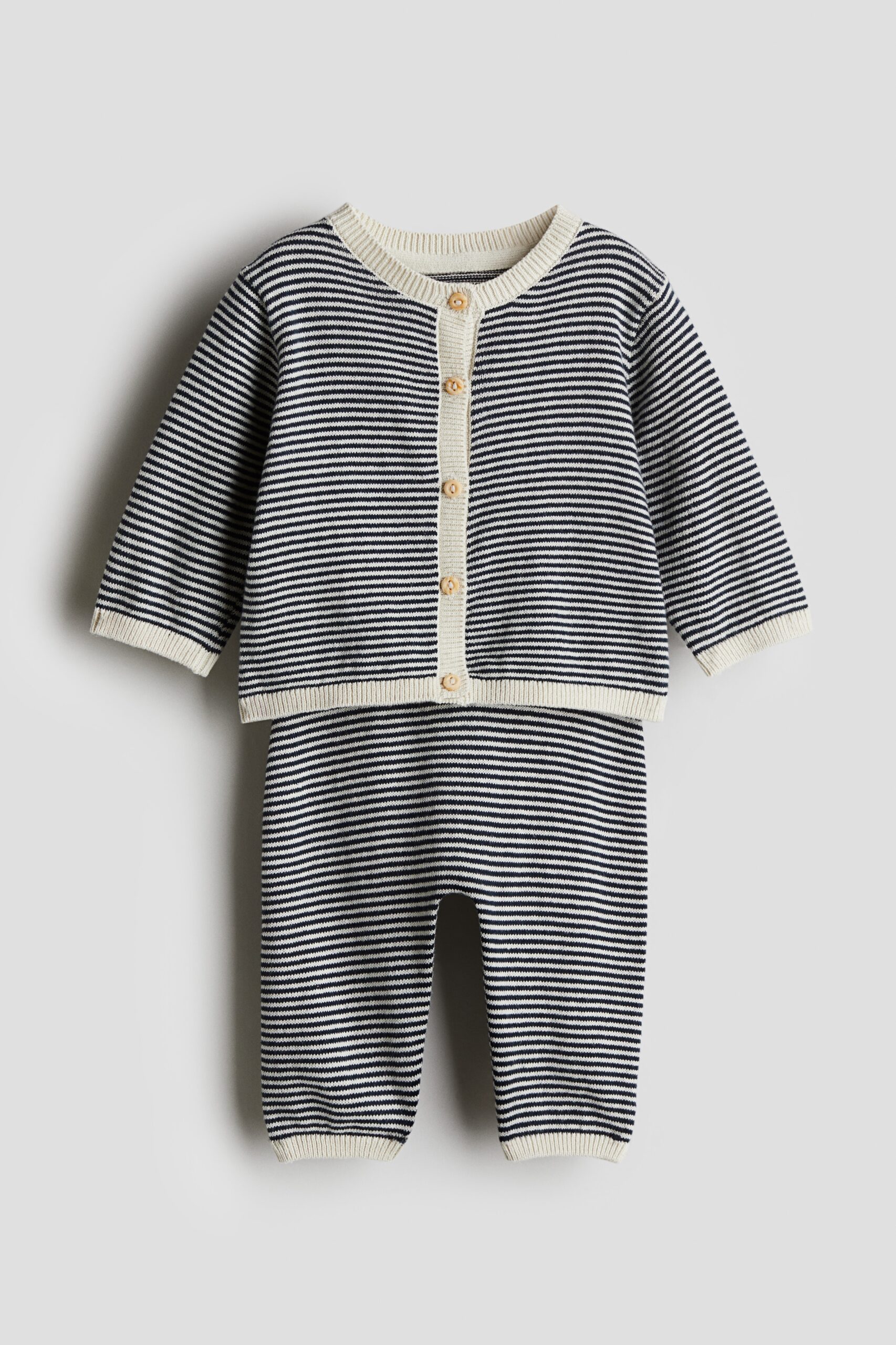 H & M - Tweedelige fijngebreide set - Marineblauw/Gestreept