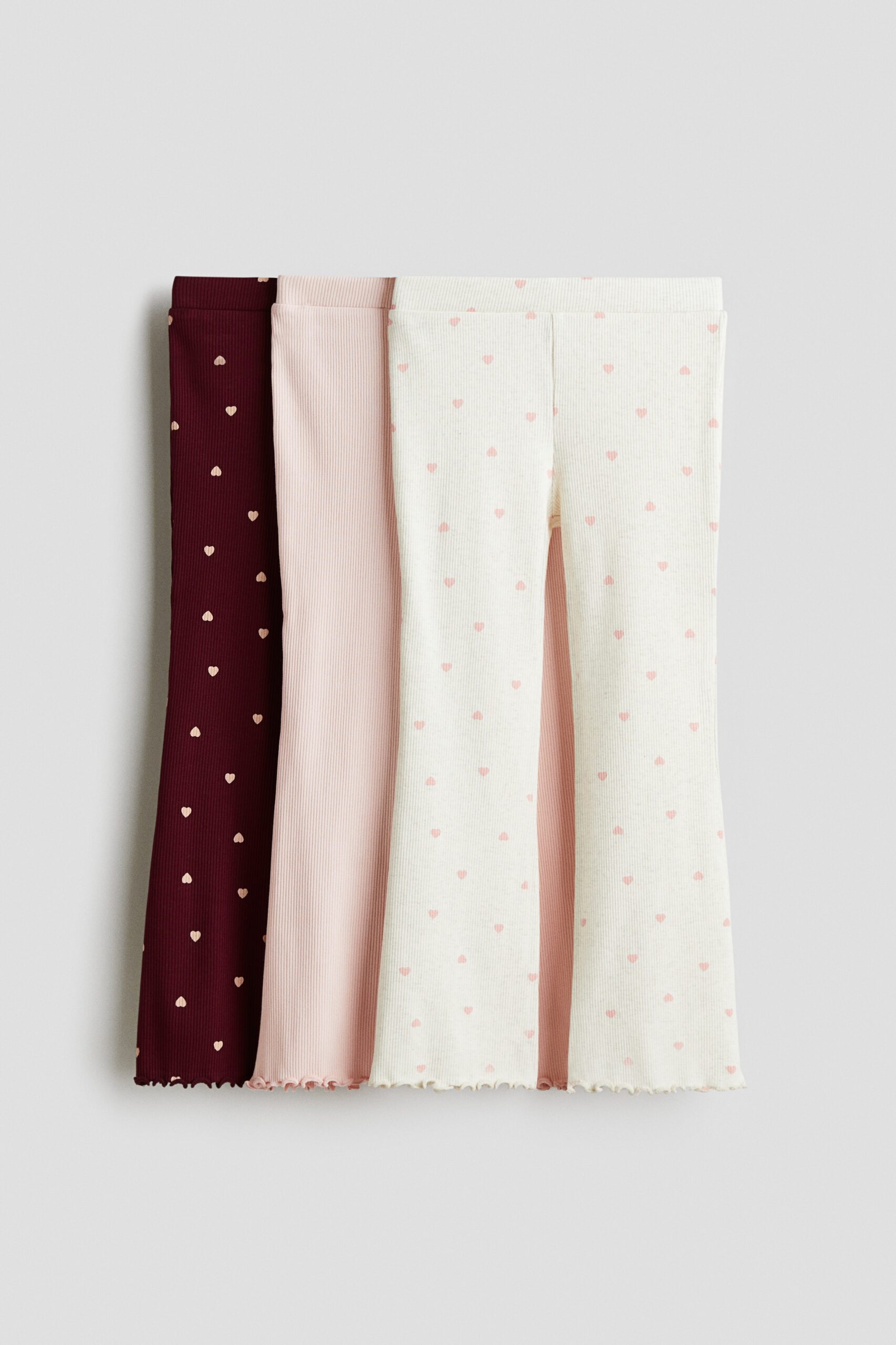 H & M - Set van 3 geribde leggings van katoen - Lichtroze/Donkerrood/Hartjes