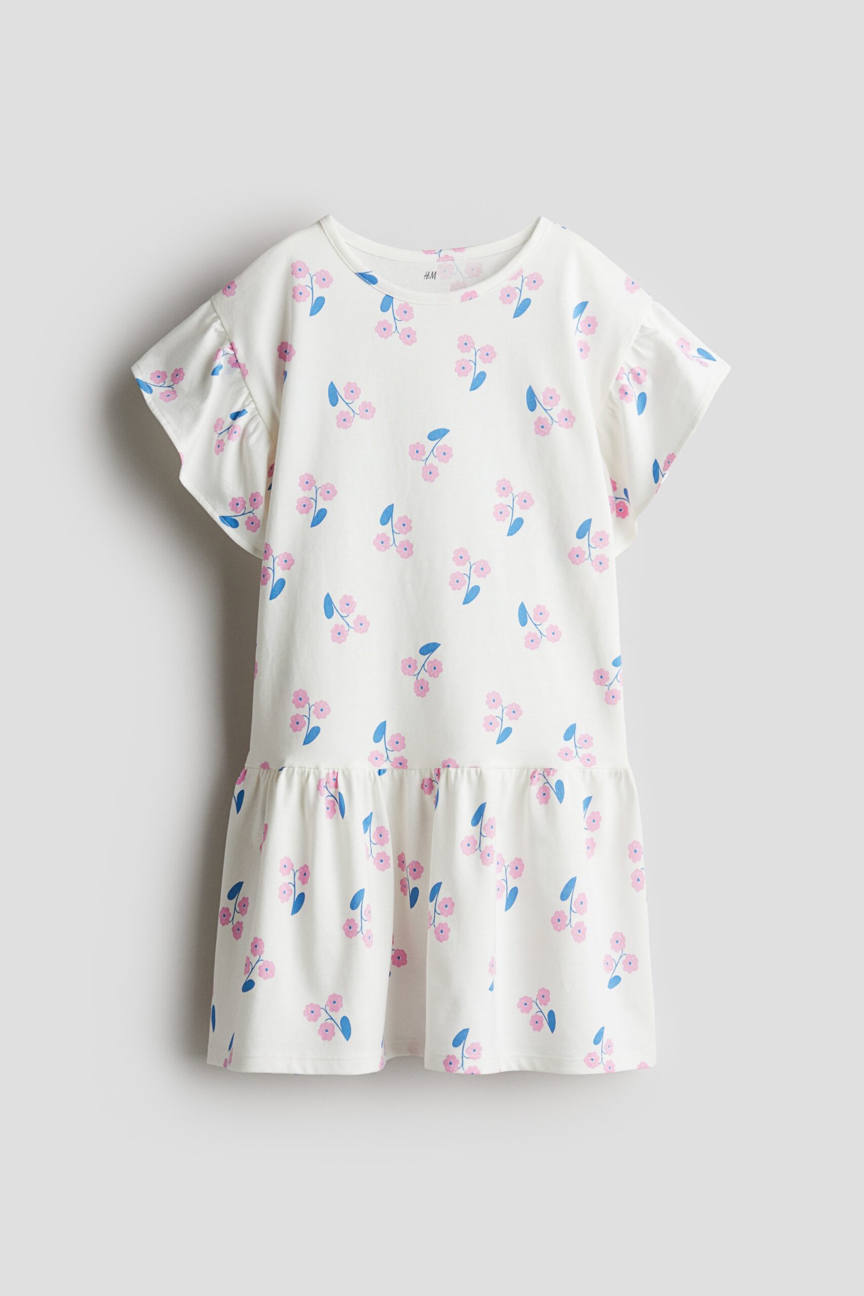 H & M - Katoenen jurk met volantmouwtjes - Wit/Bloemen