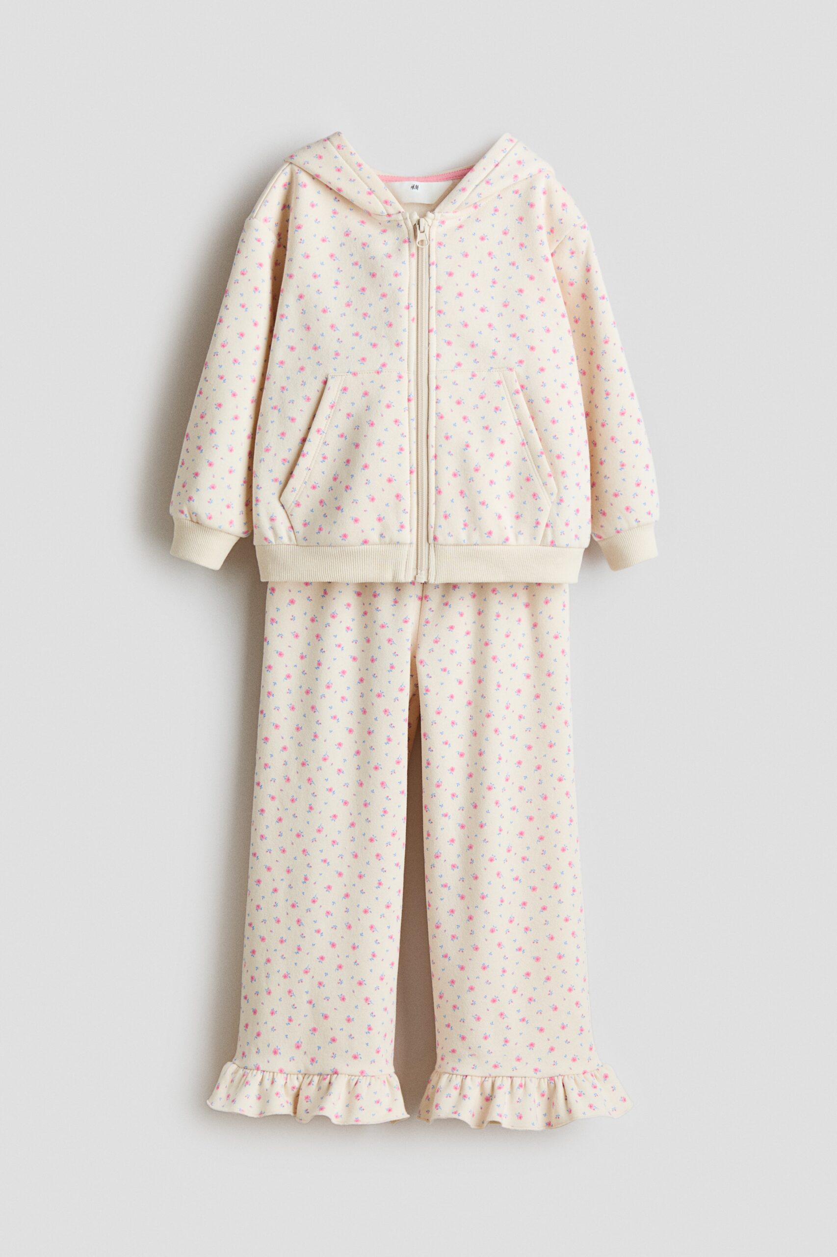H & M - Tweedelige set van joggingstof met print - Lichtbeige/Bloemen