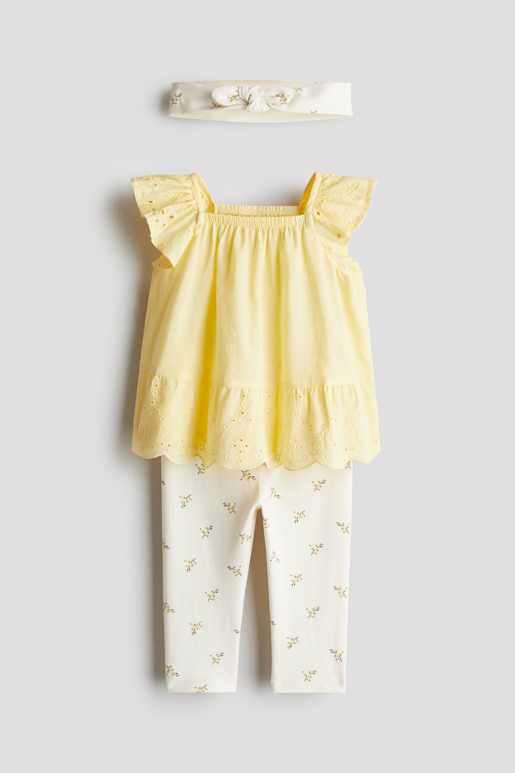 H & M - Driedelige katoenen set - Geel/Bloemen
