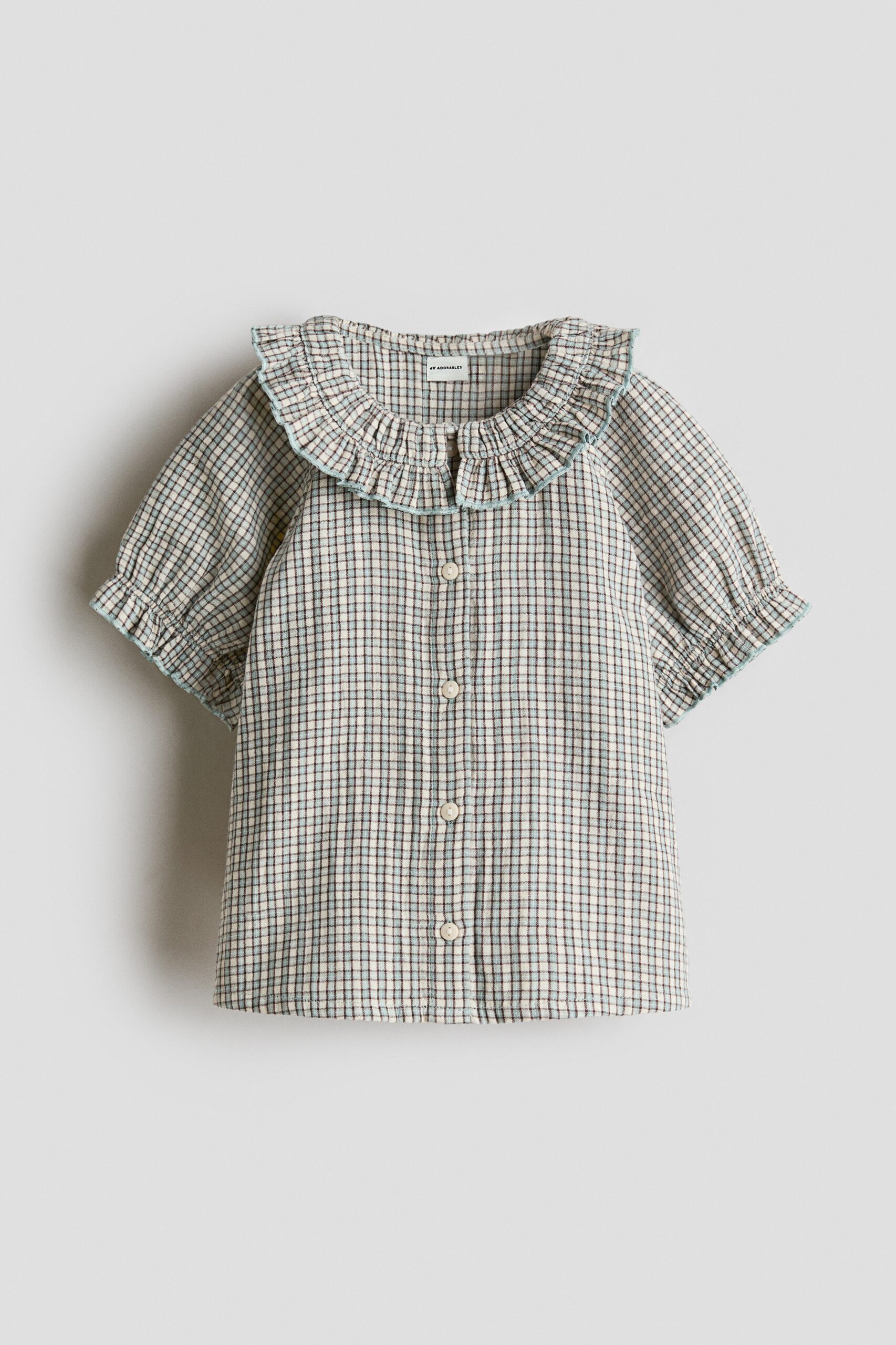 H & M - Katoenen blouse met volantkraagje - Lichtbeige/Geruit
