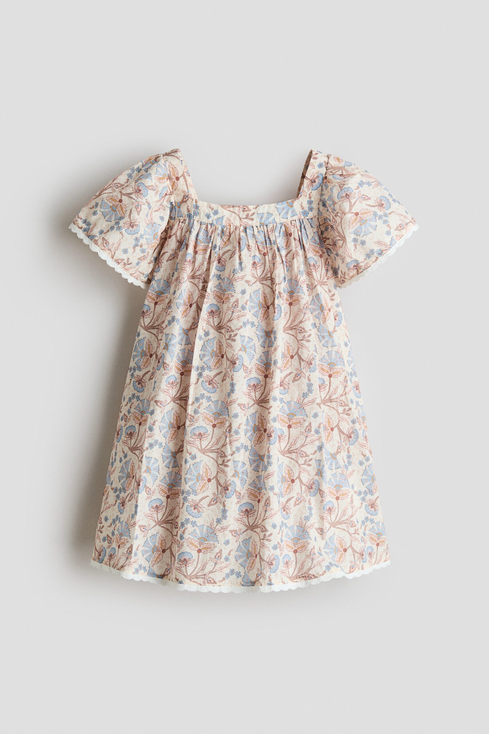 H & M - Katoenen A-linejurk - Lichtbeige/Bloemen
