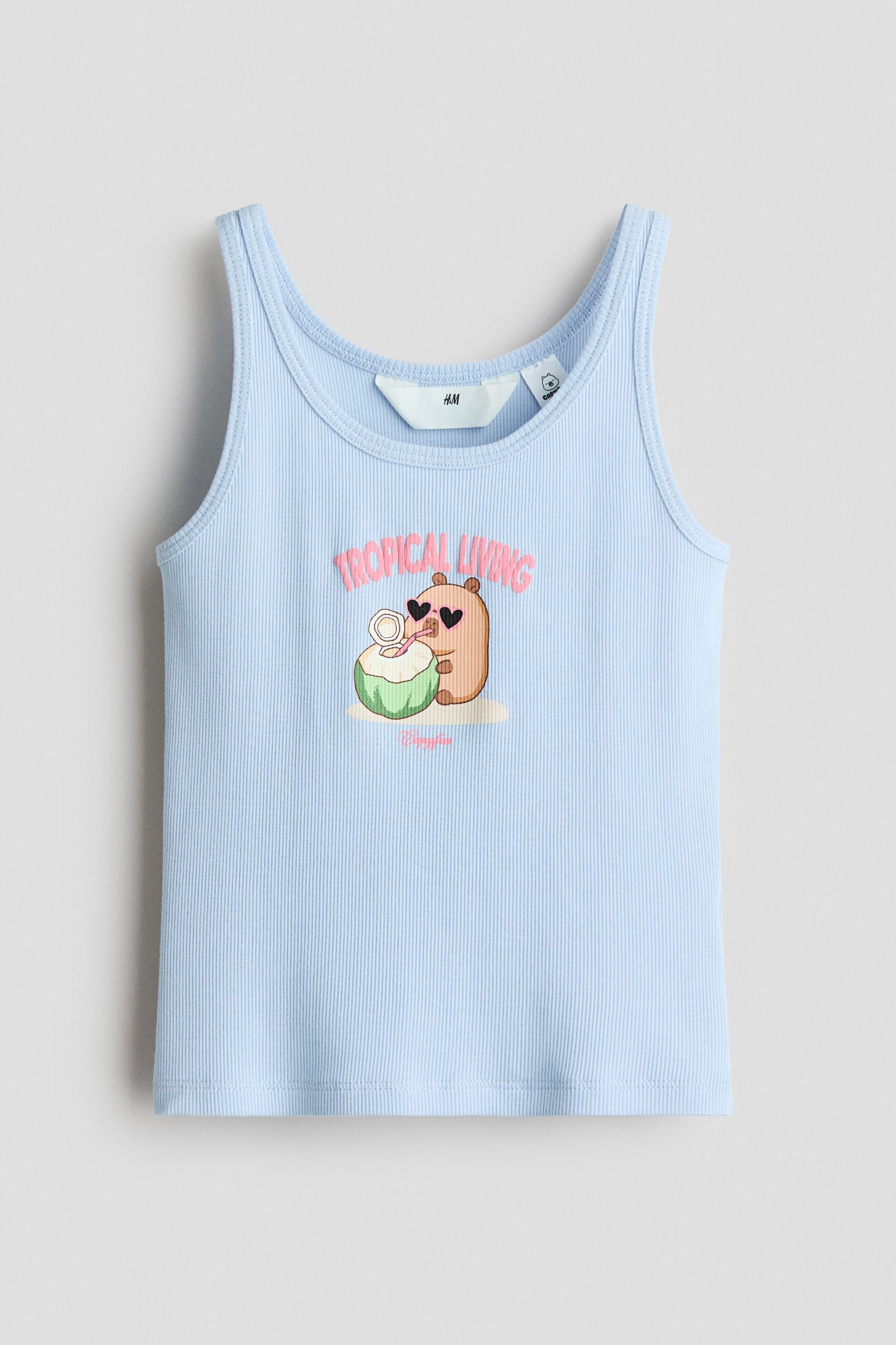H & M - Geribde tanktop met geprint motief - Lichtblauw/Capyfun