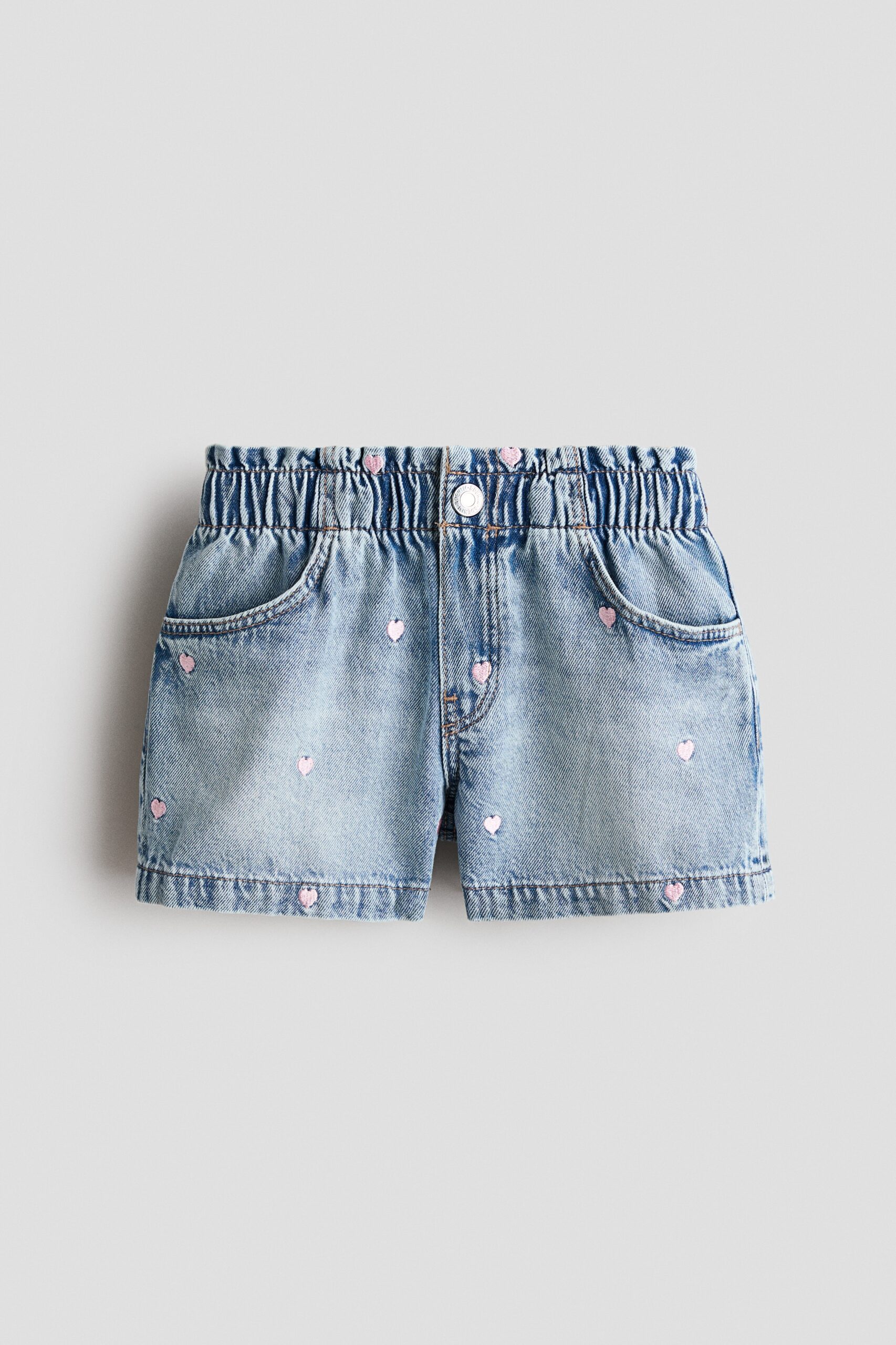 H & M - Denim short met borduursel - Licht Denimblauw/Hartjes