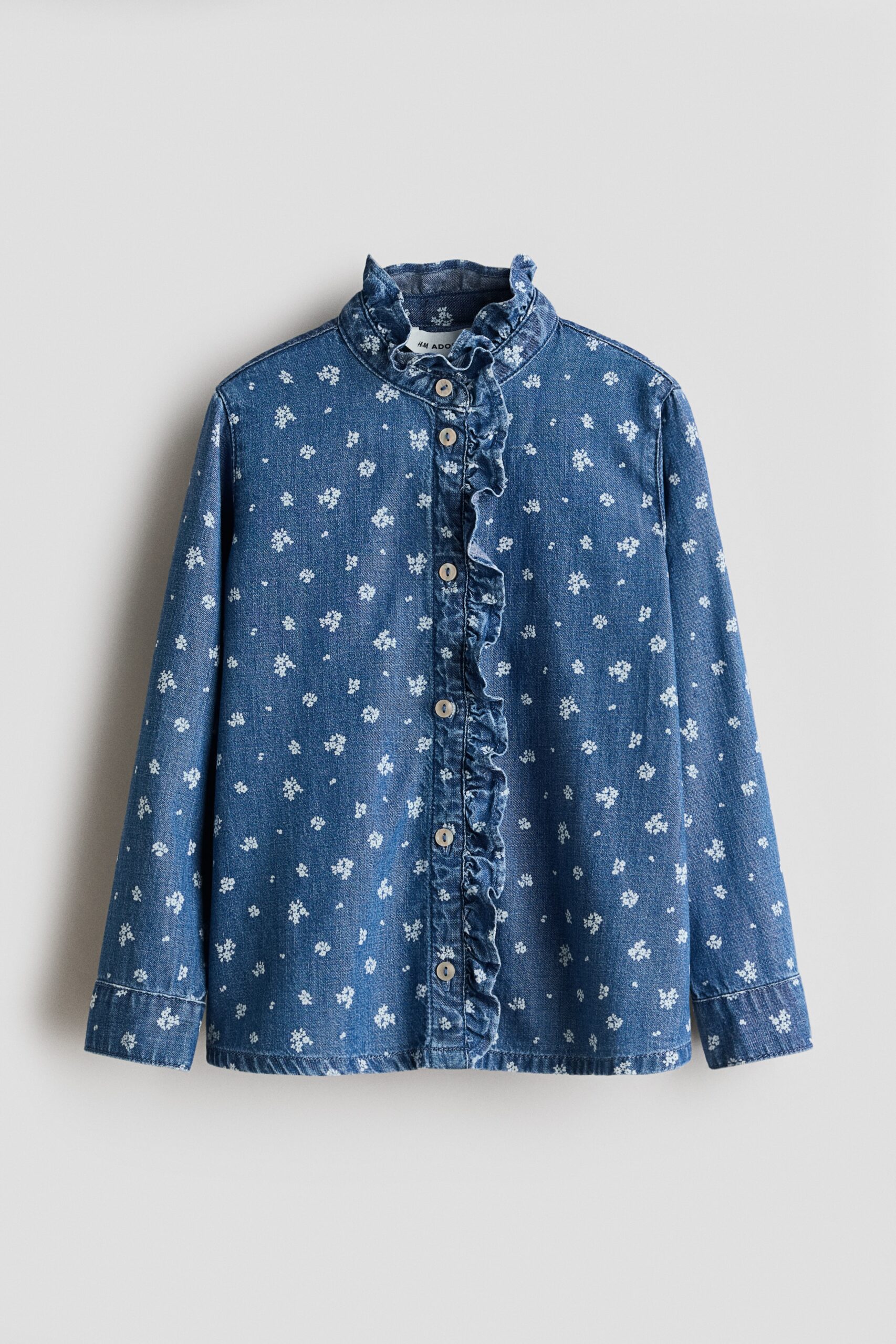 H & M - Denim overhemdblouse met volants - Denimblauw/Bloemen