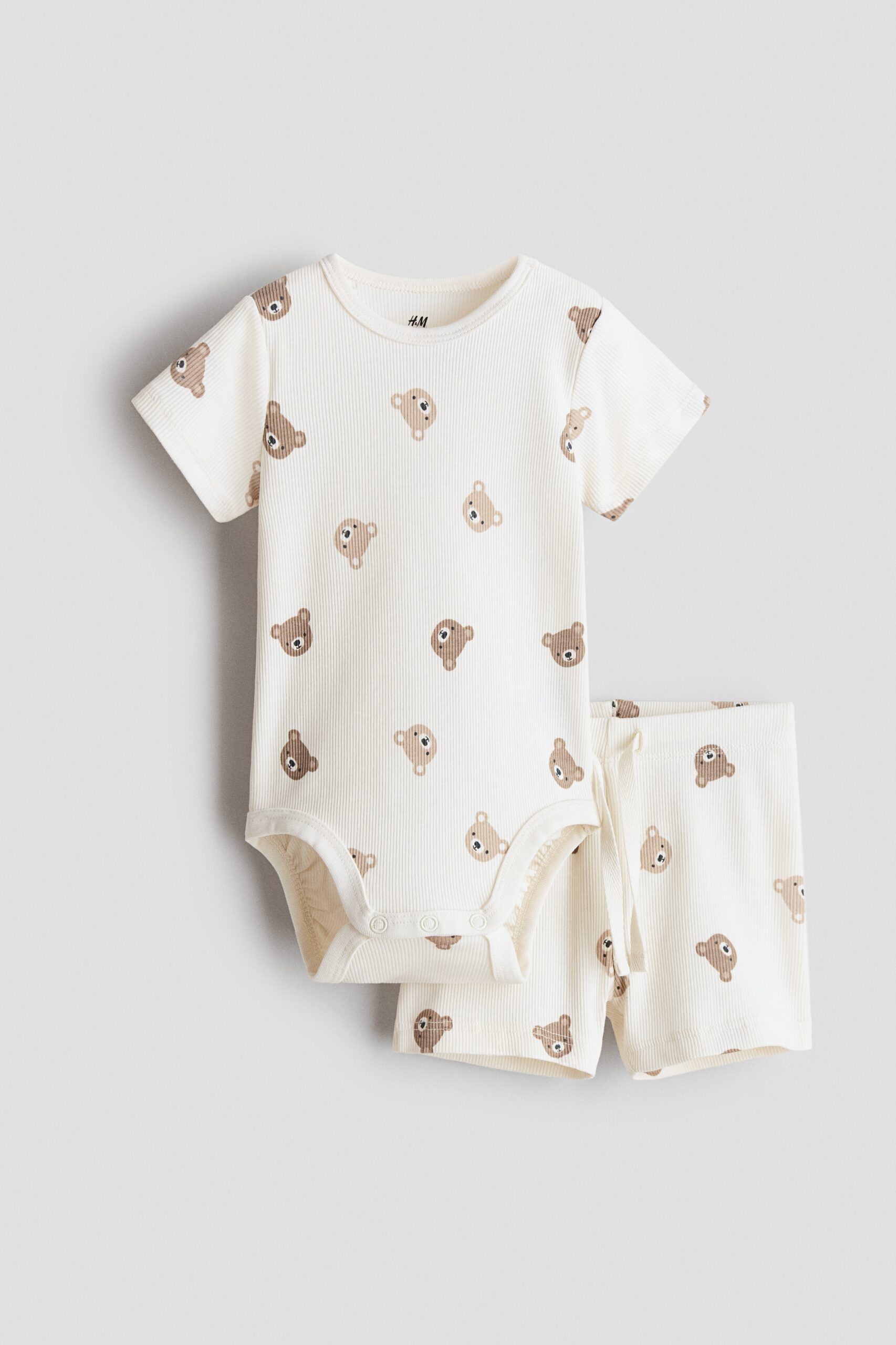 H & M - Tweedelige geribde katoenen set - Roomwit/Beren