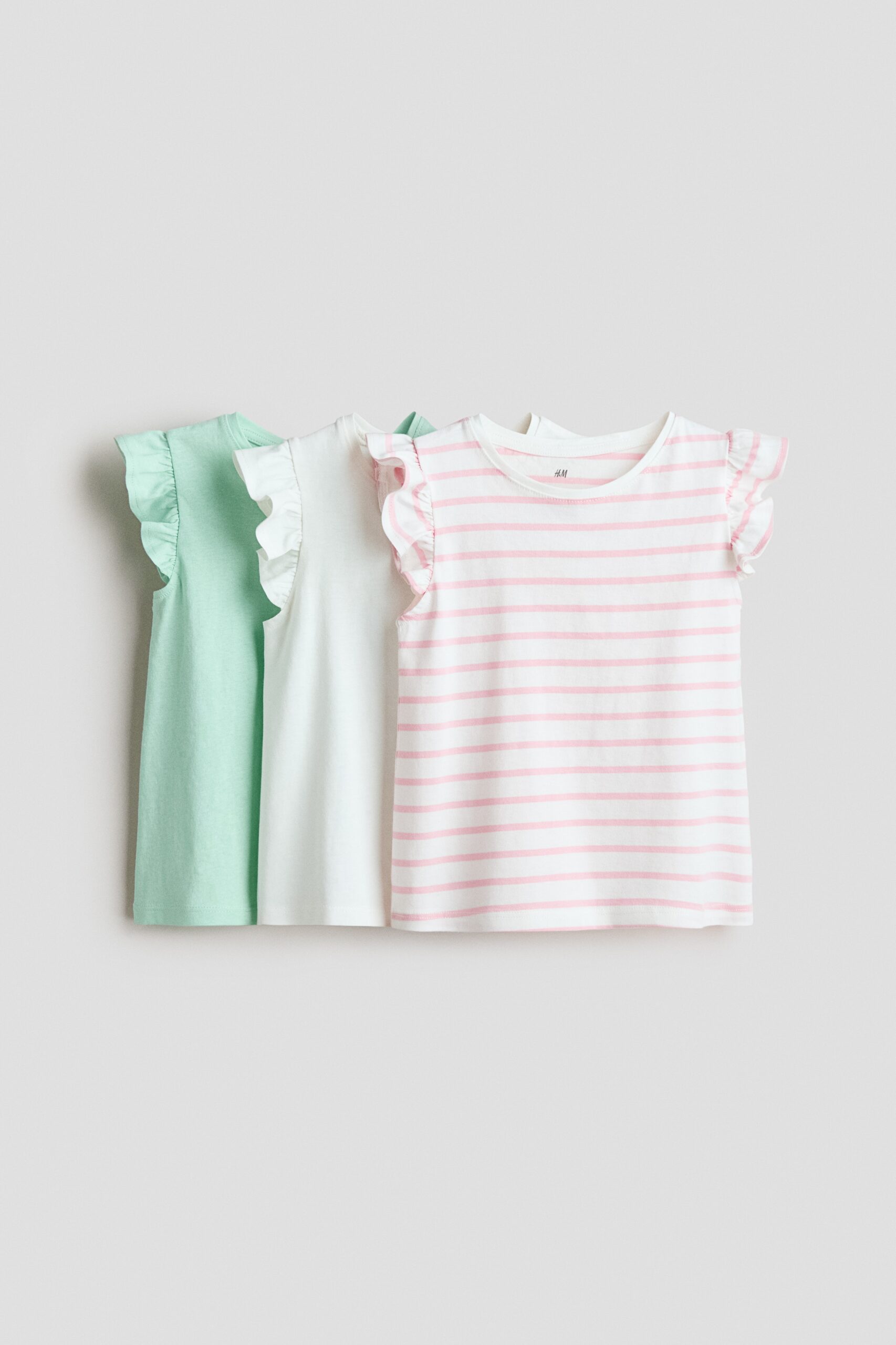 H & M - Set van 3 tops met volantmouwtjes - Turkoois/Gestreept