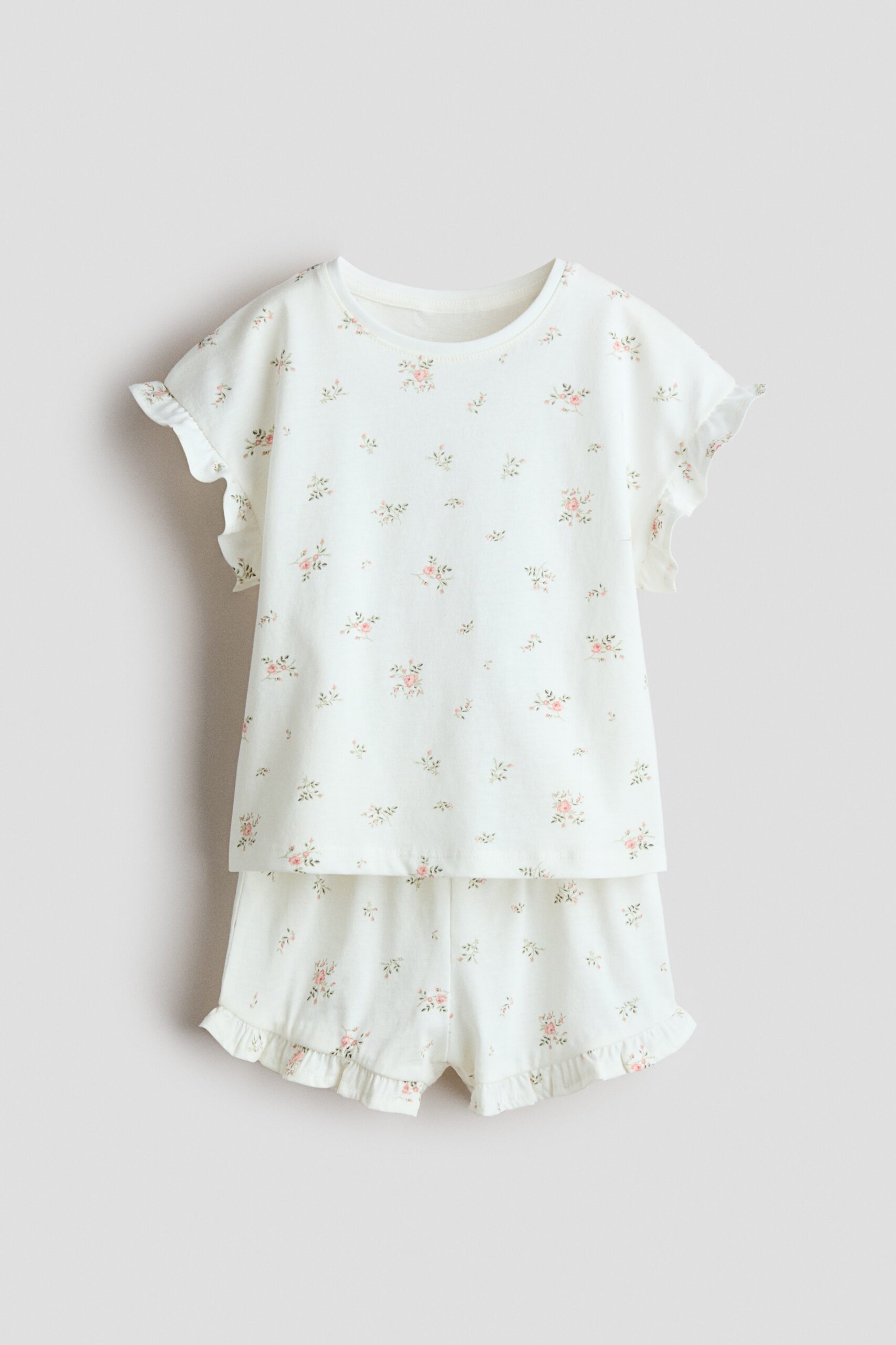 H & M - Pyjama met print en volantrandjes - Wit/Bloemen