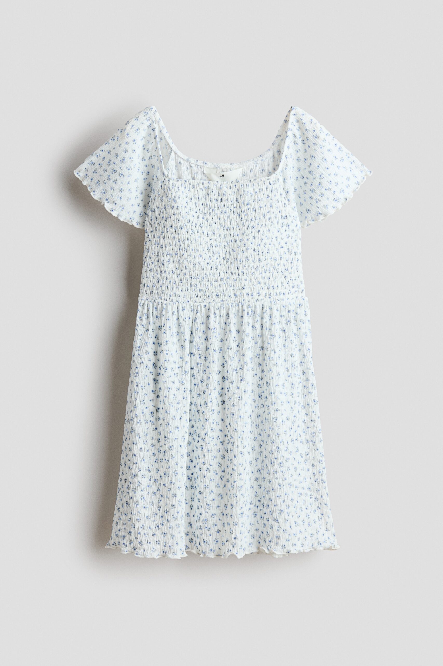 H & M - Jurk met smokwerk - Wit/Blauwe Bloemen