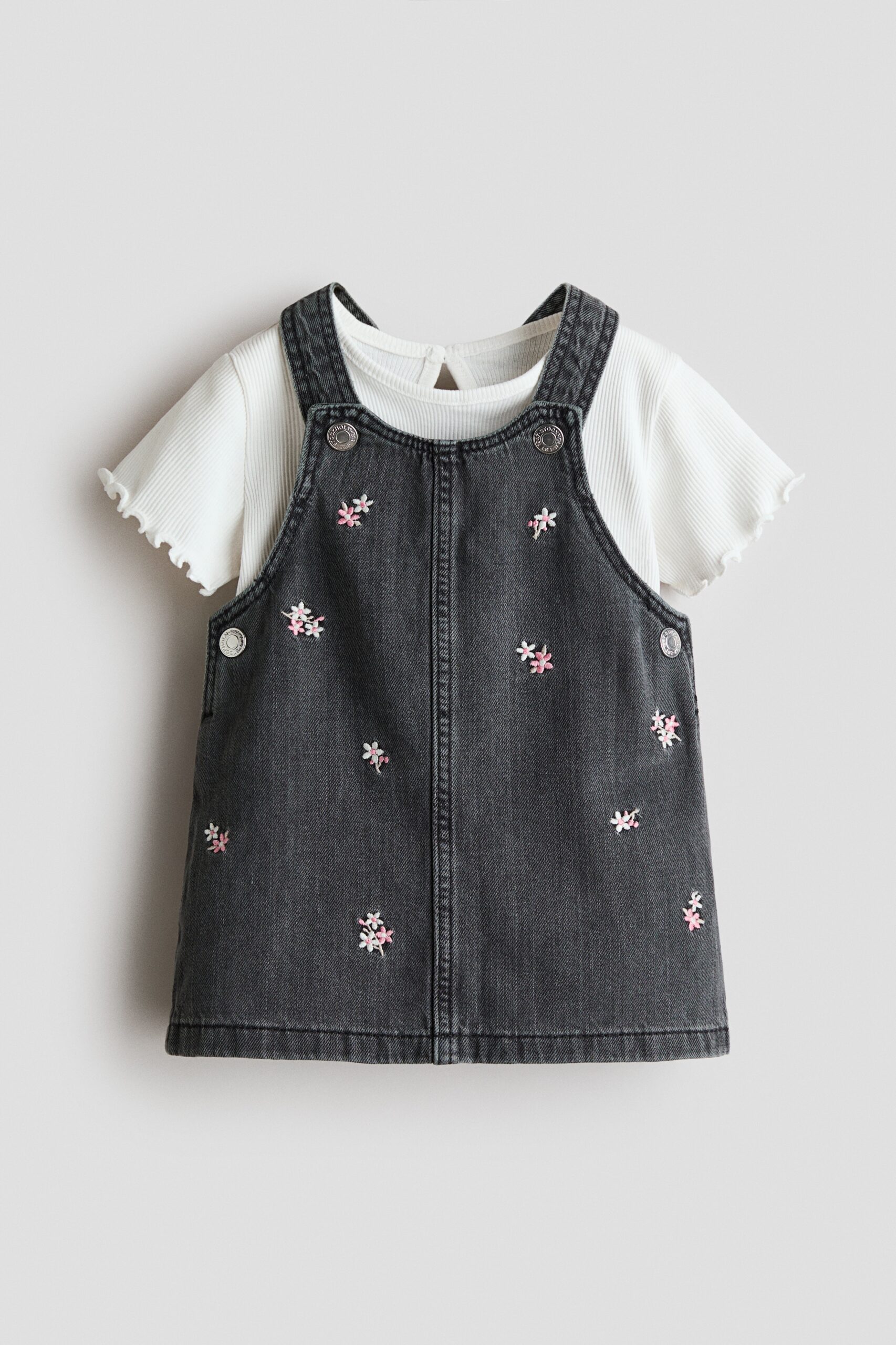 H & M - Tweedelige set - Salopettejurk en top - Donkergrijs/Bloemen