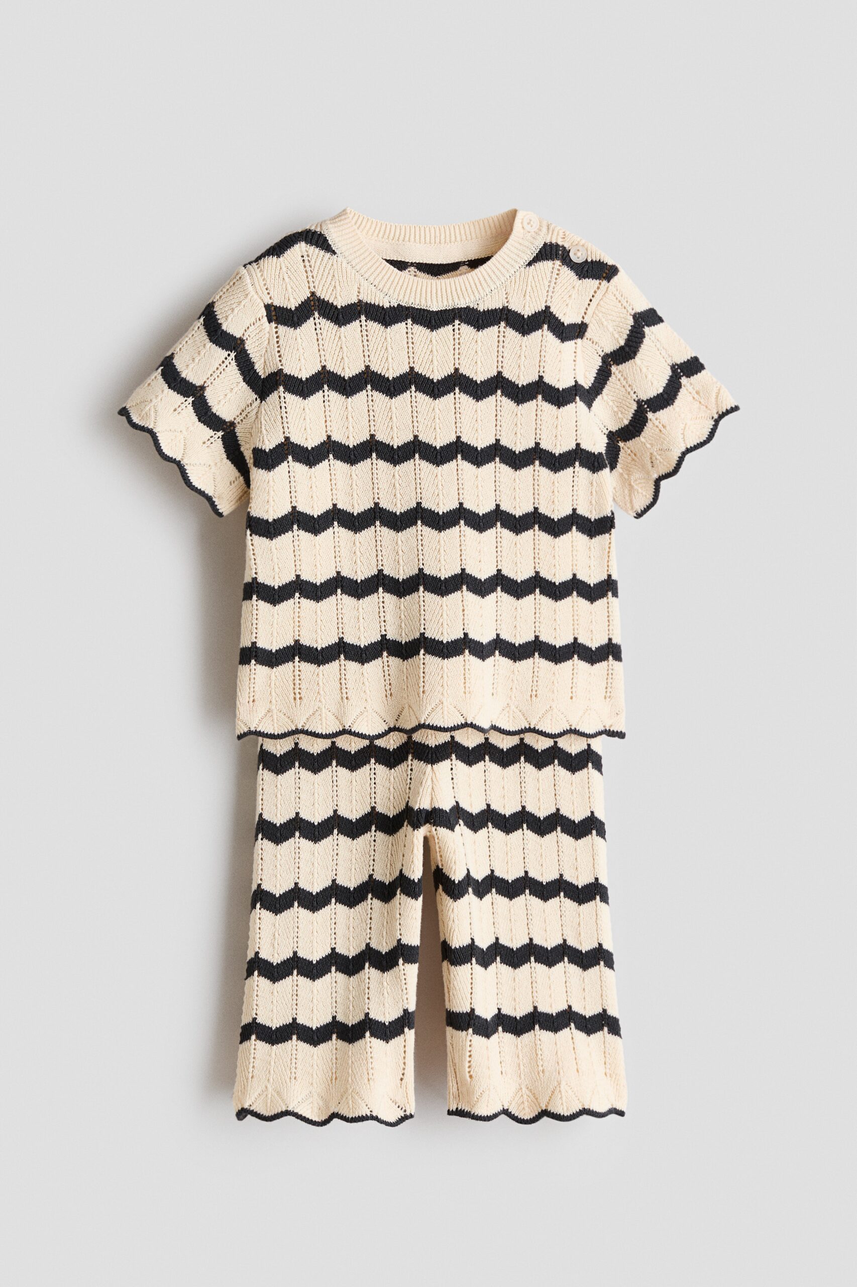 H & M - Tweedelige ajourgebreide set van katoen - Lichtbeige/Gestreept