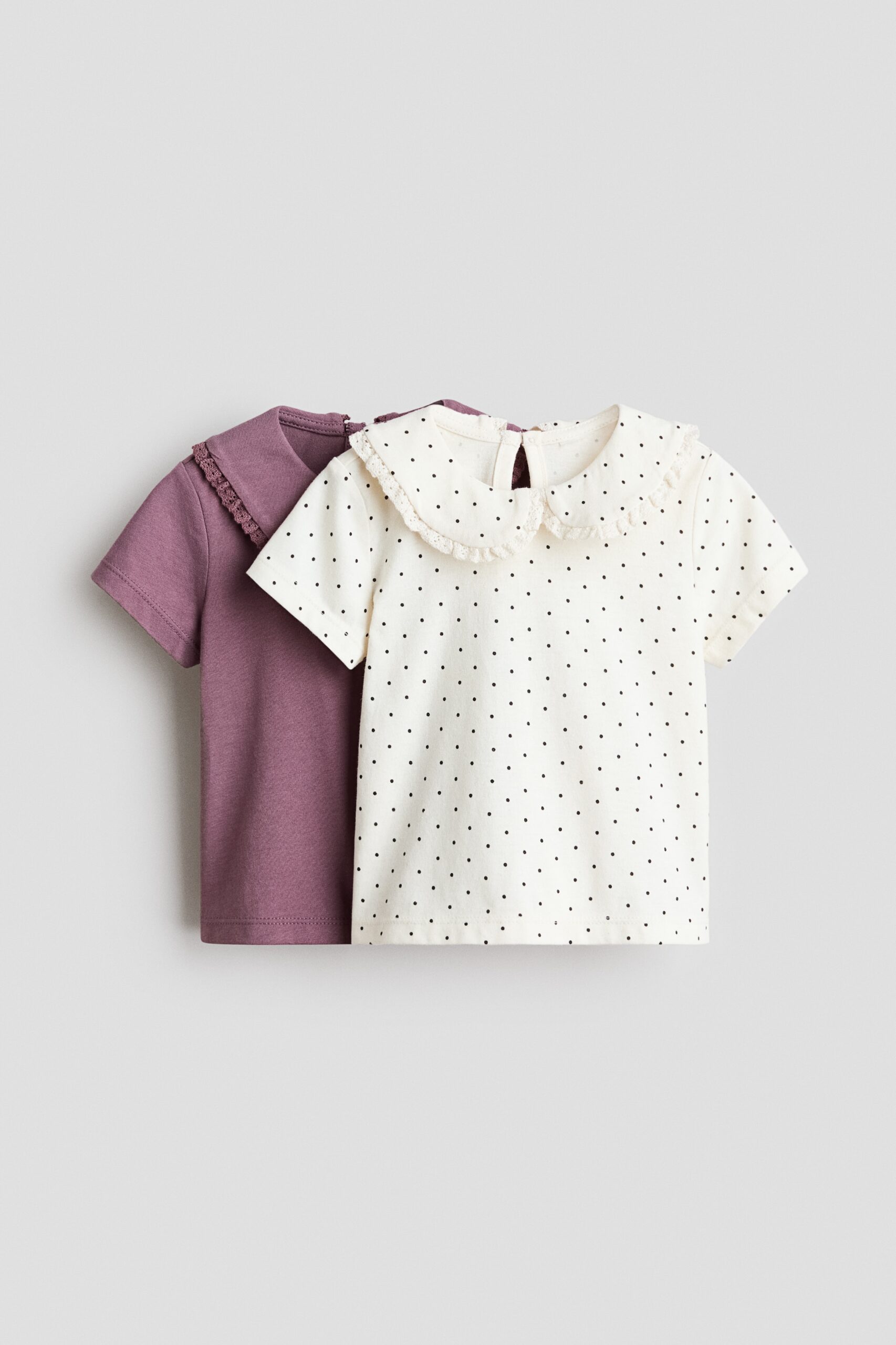 H & M - Set van 2 katoenen tops met kraag - Pruimenpaars/Stippen