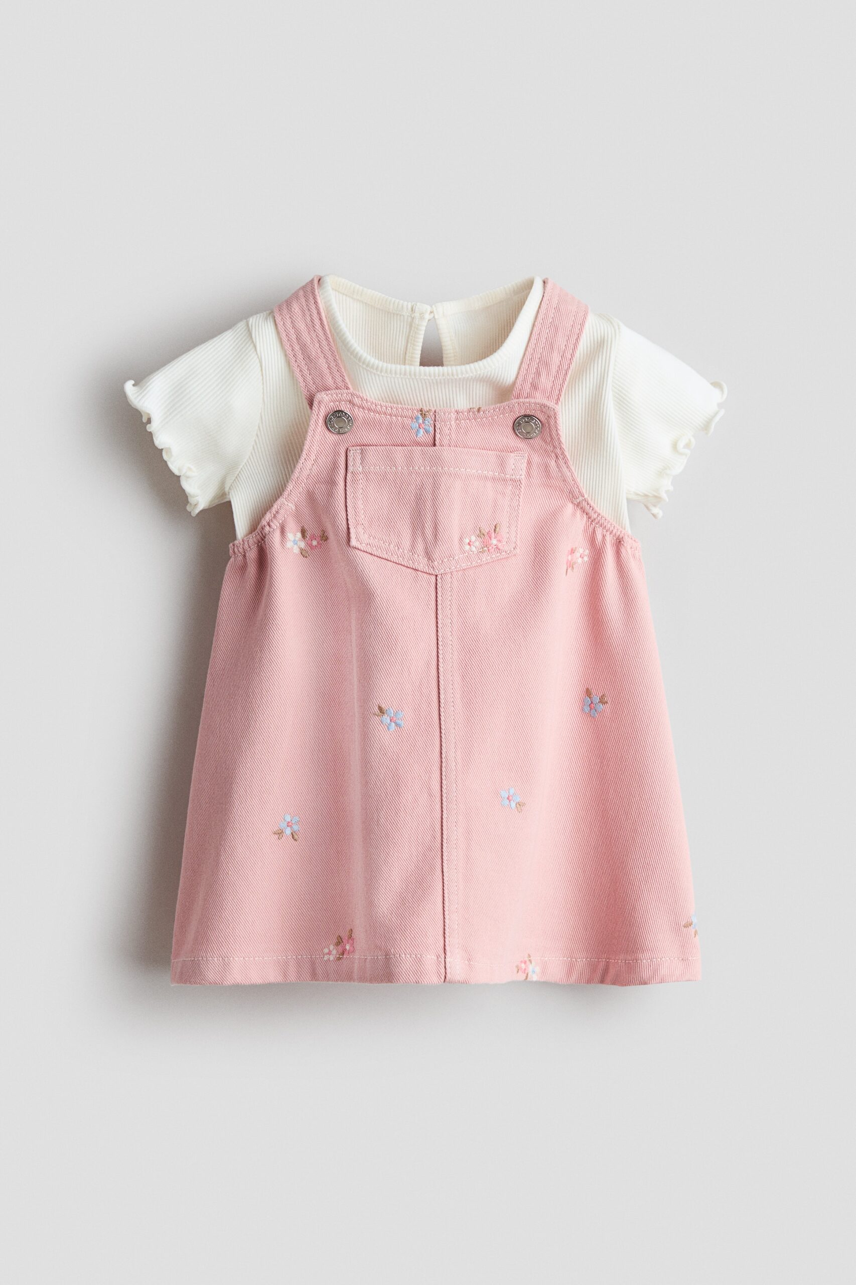 H & M - Tweedelige set - Salopettejurk en top - Lichtroze/Bloemen