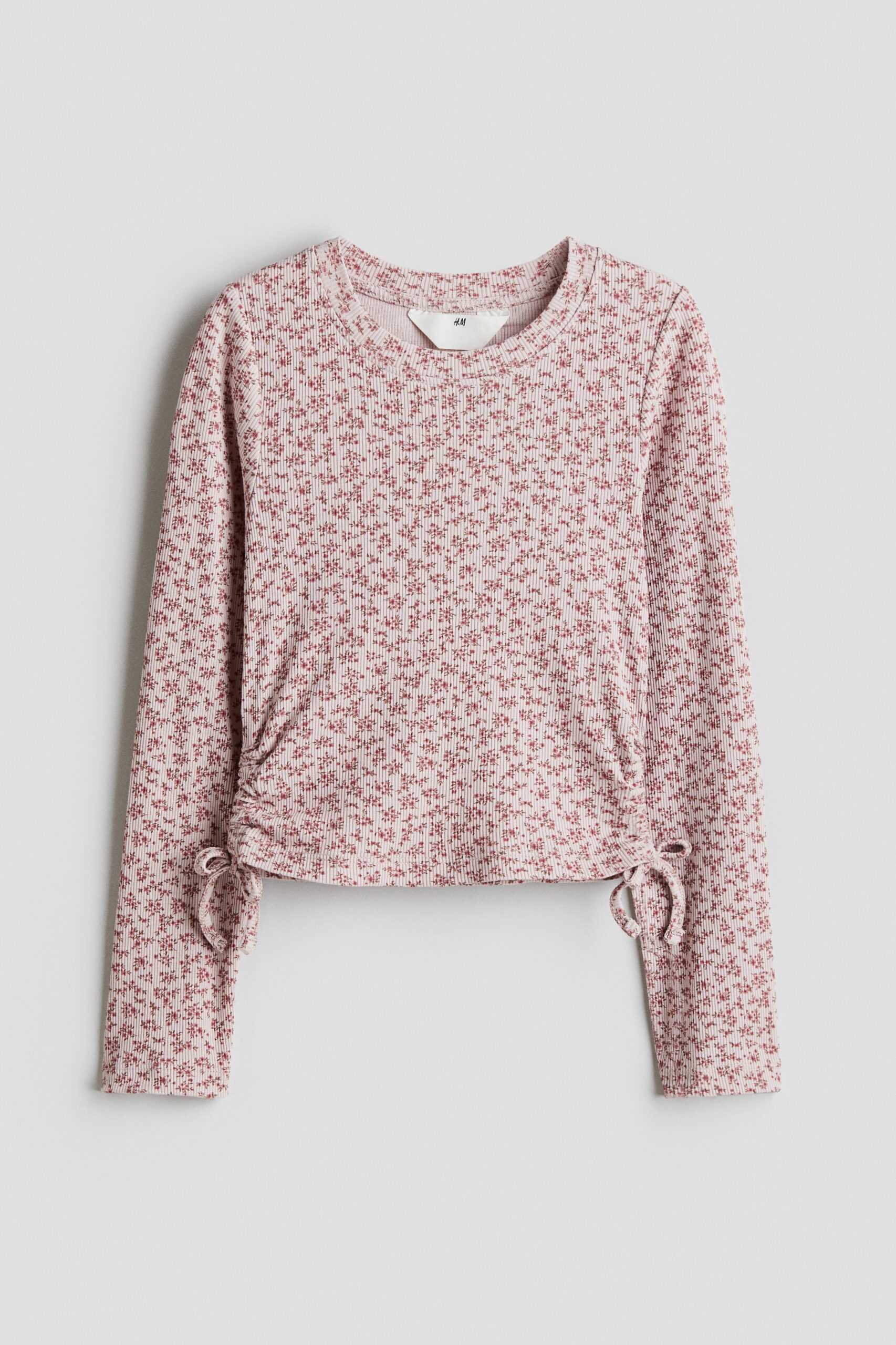 H & M - Geribde top met drawstring - Lichtroze/Bloemen