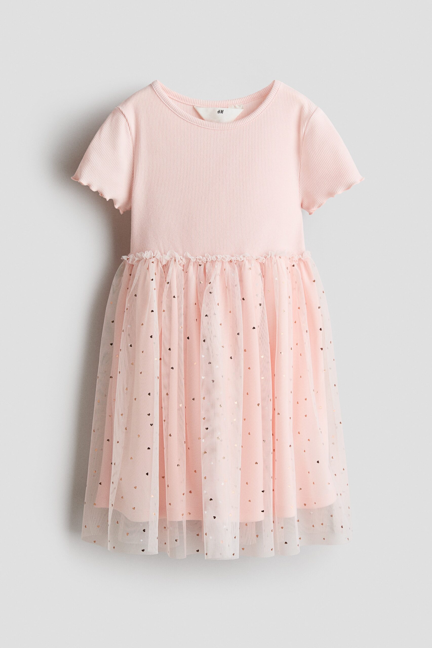 H & M - Jurk met tulen rok - Lichtroze/Hartjes