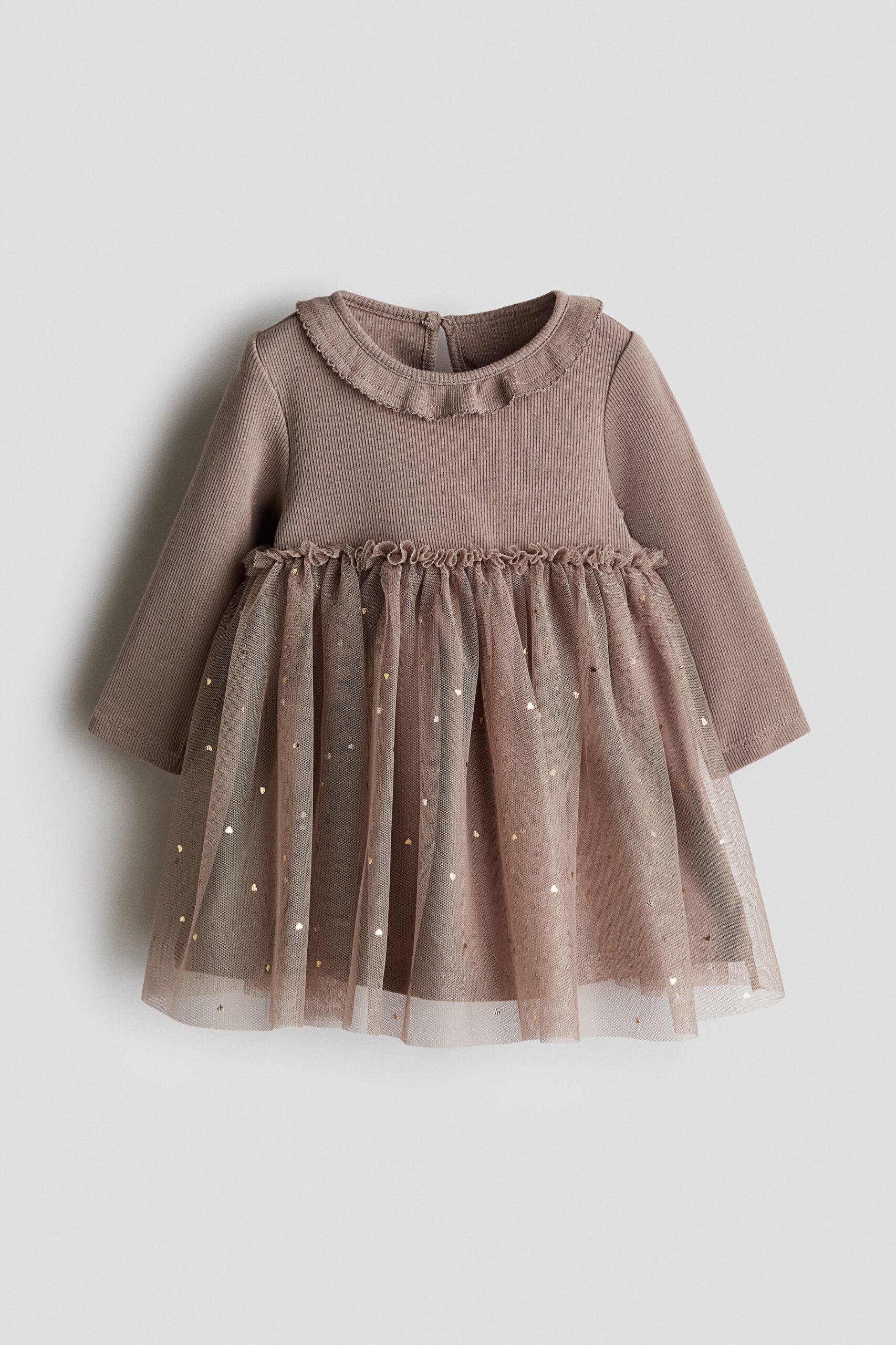 H & M - Katoenen jurk met tulen rok - Bruin/Hartjes