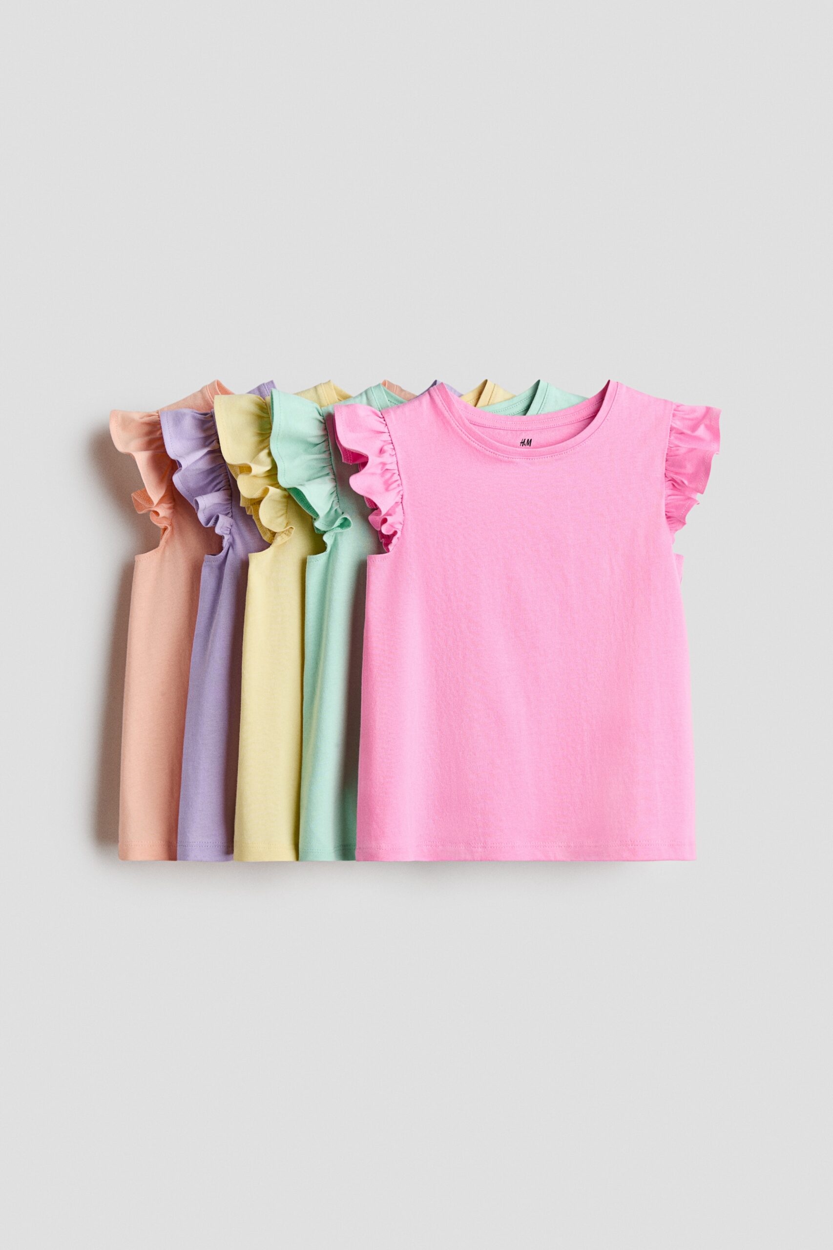 H & M - Set van 5 tops met volantmouwtjes - Roze/Turkoois/Geel