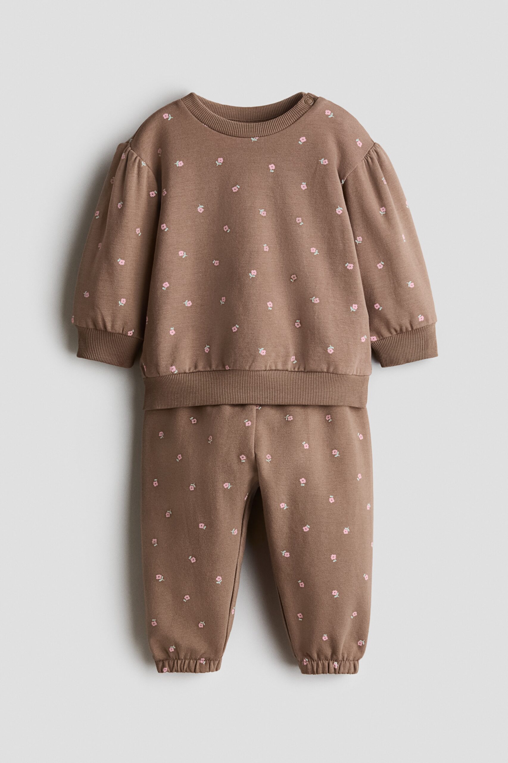 H & M - Tweedelige set van joggingstof met print - Bruin/Bloemen