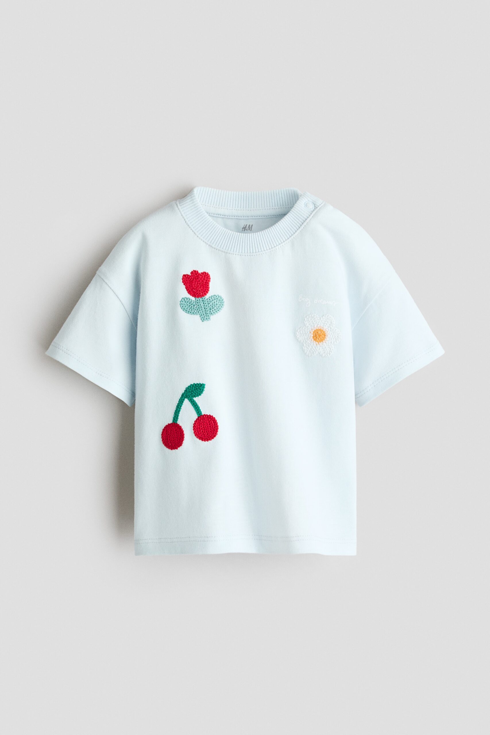 H & M - Katoenen T-shirt met borduursel - Lichtblauw/Kersen