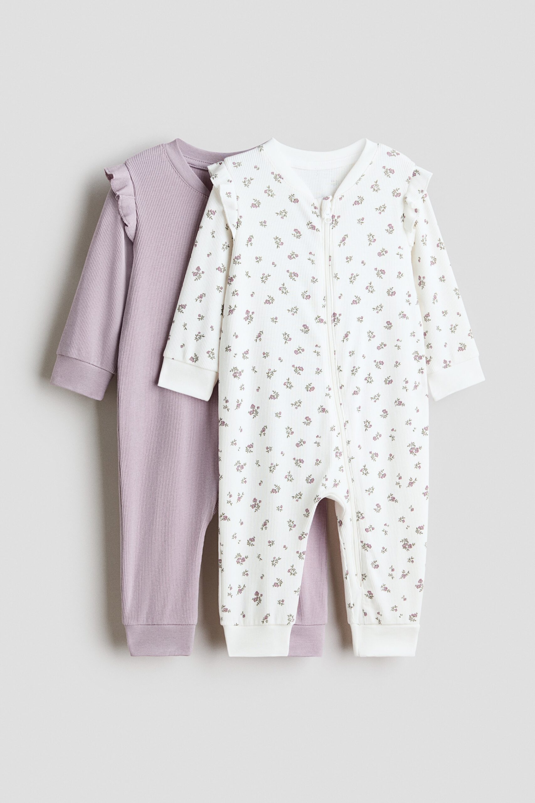 H & M - Set van 2 pyjamapakjes van geribd katoen - Lichtpaars/Bloemen