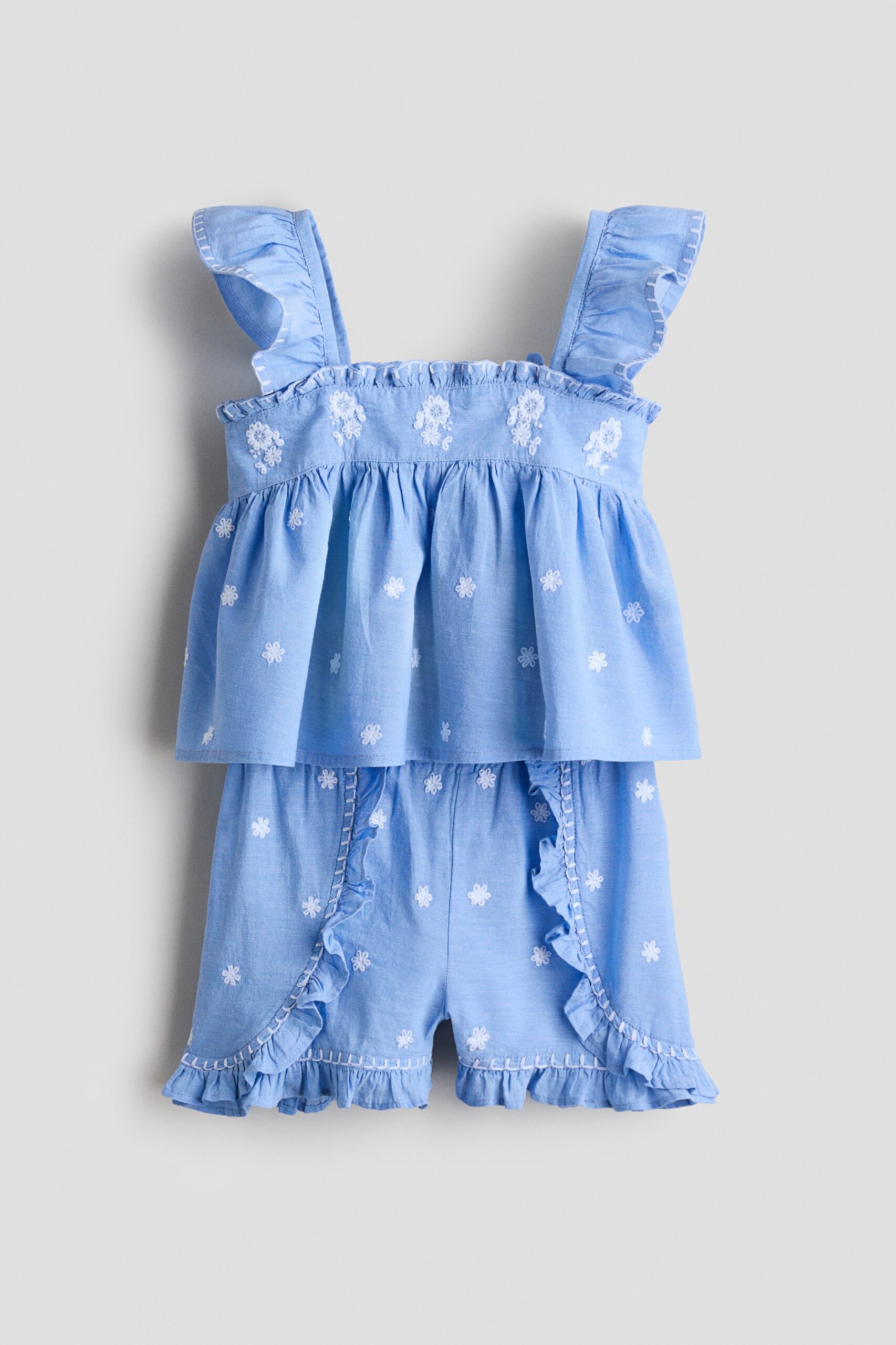 H & M - Tweedelige katoenen set met borduursel - Lichtblauw/Bloemen