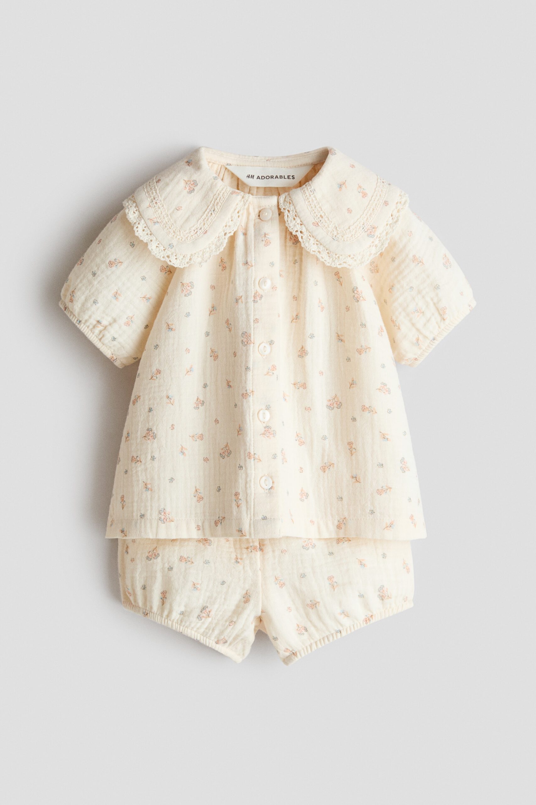 H & M - Tweedelige set van katoenen mousseline - Roomwit/Bloemen