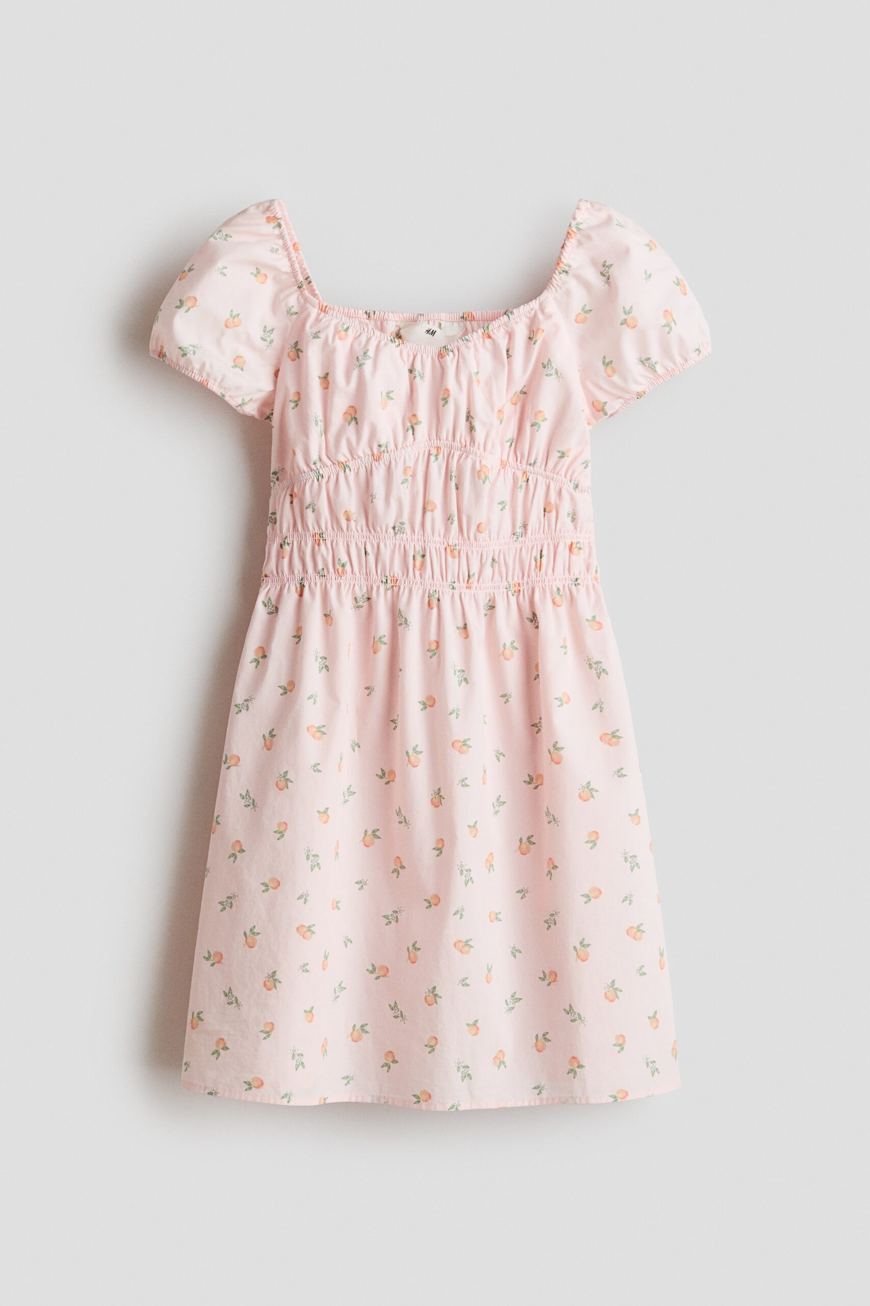 H & M - Katoenen jurk met pofmouwen - Lichtroze/Sinaasappels