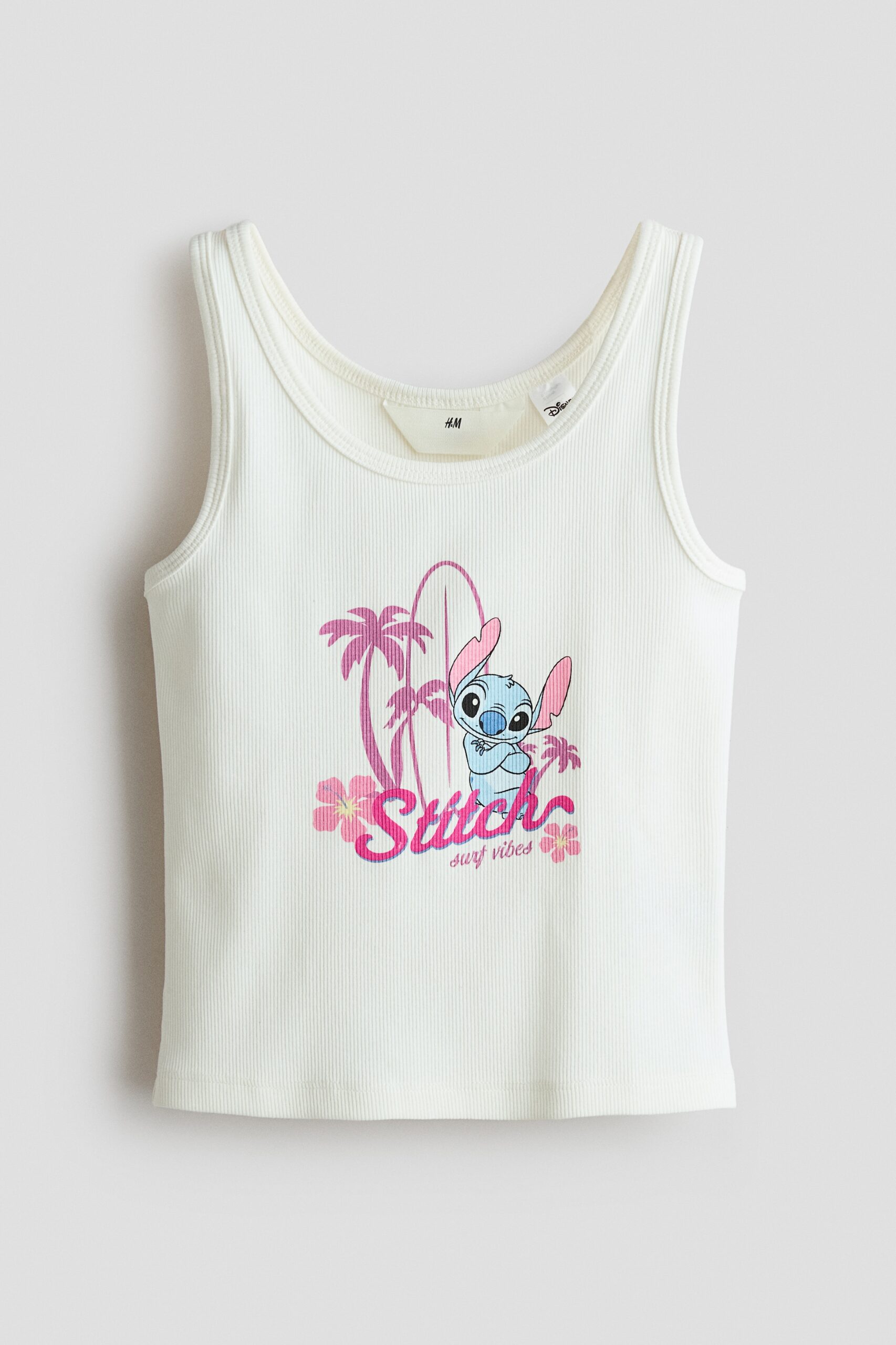 H & M - Geribde tanktop met geprint motief - Wit/Lilo & Stitch