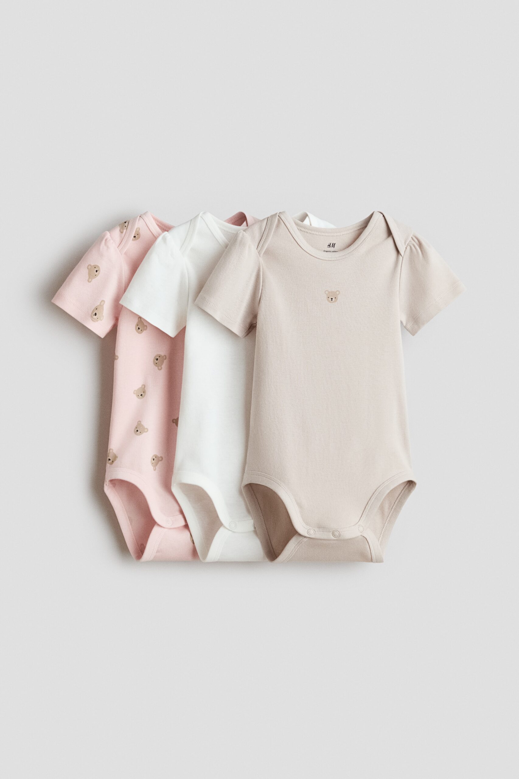 H & M - Set van 3 rompers met overslag - Lichtbeige/Beer