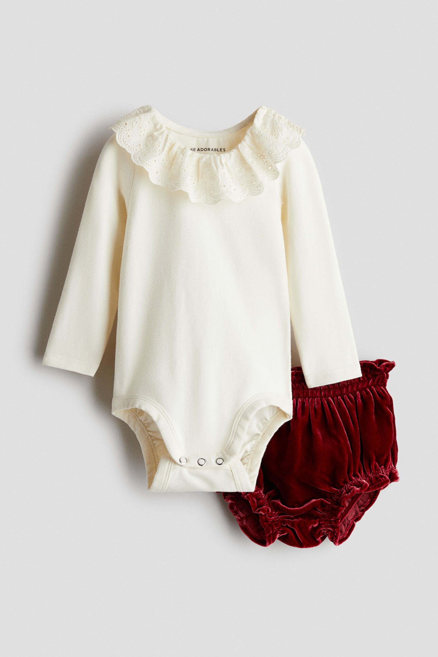 H & M - Tweedelige set - Romper en pofbroekje - Donkerrood/Wit