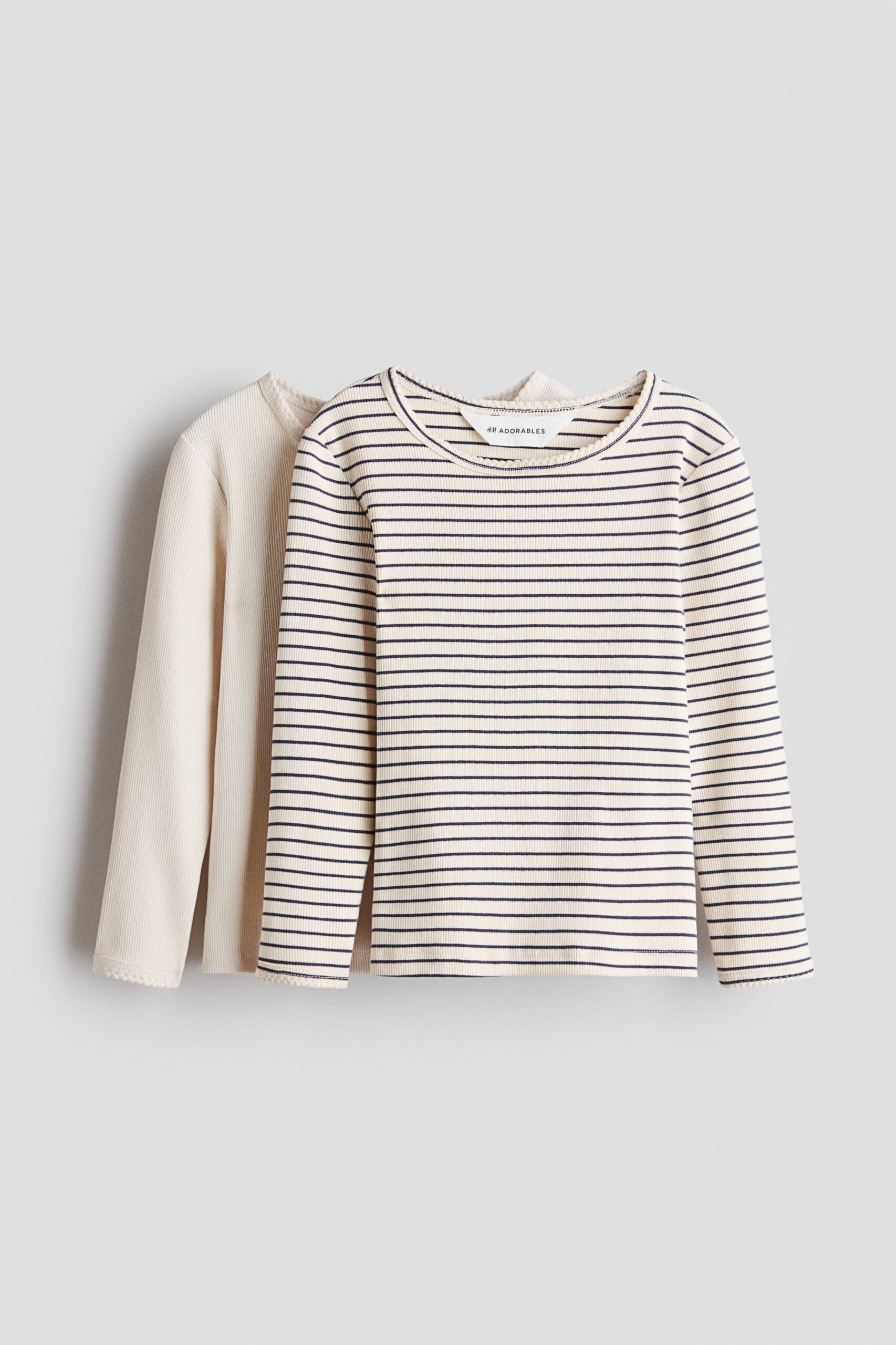 H & M - Set van 2 katoenen tops met picotrandjes - Lichtbeige/Blauw Gestreept