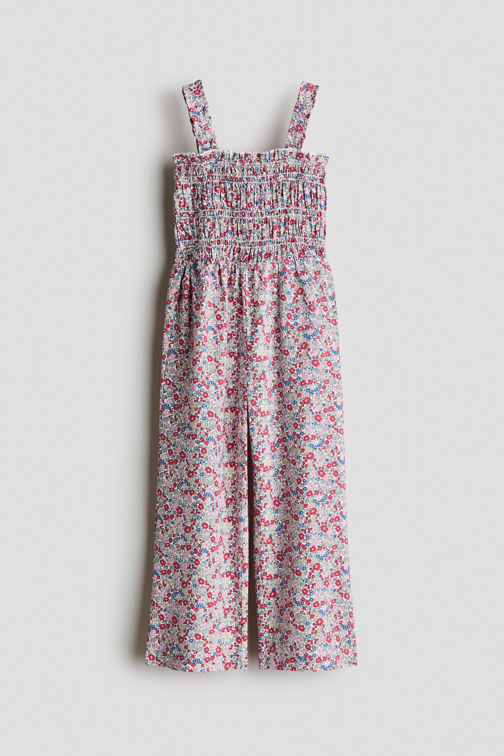 H & M - Katoenen jumpsuit met smokwerk - Roomwit/Rode Bloemen
