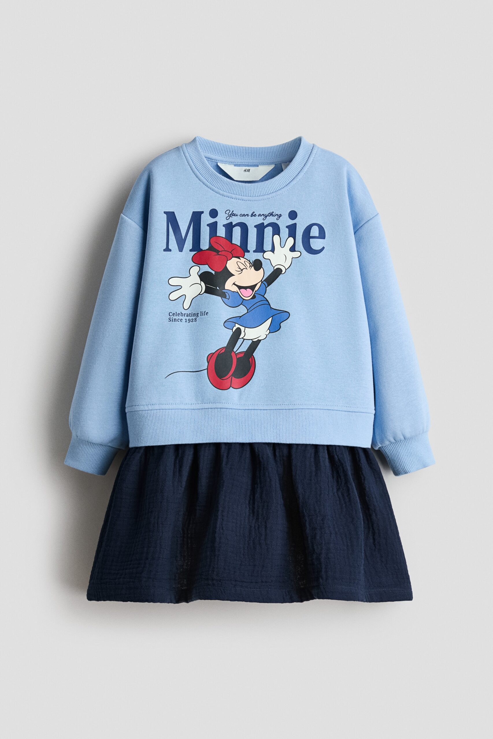 H & M - Sweatjurk met rok van mousseline - Dusty Blauw/Minnie Mouse