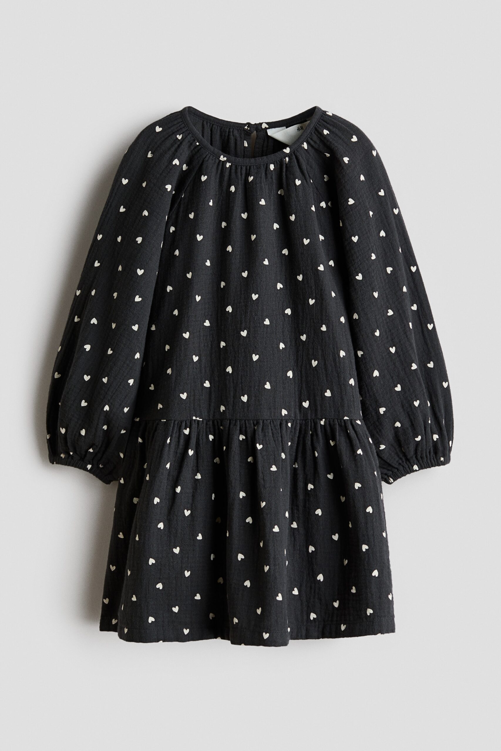 H & M - Jurk van katoenen mousseline - Donkergrijs/Hartjes