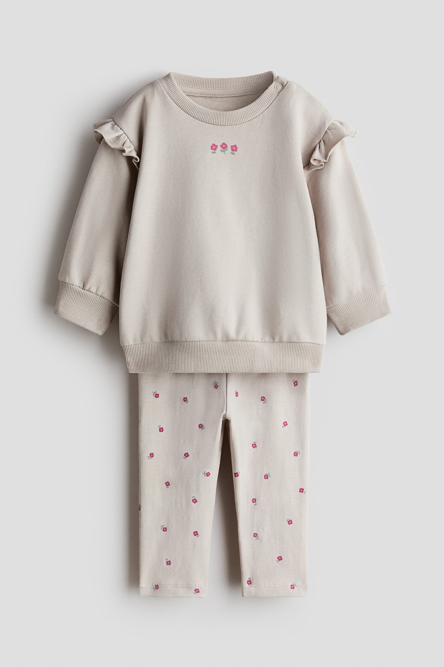 H & M - Tweedelige katoenen set met volants - Lichtbeige/Bloemen