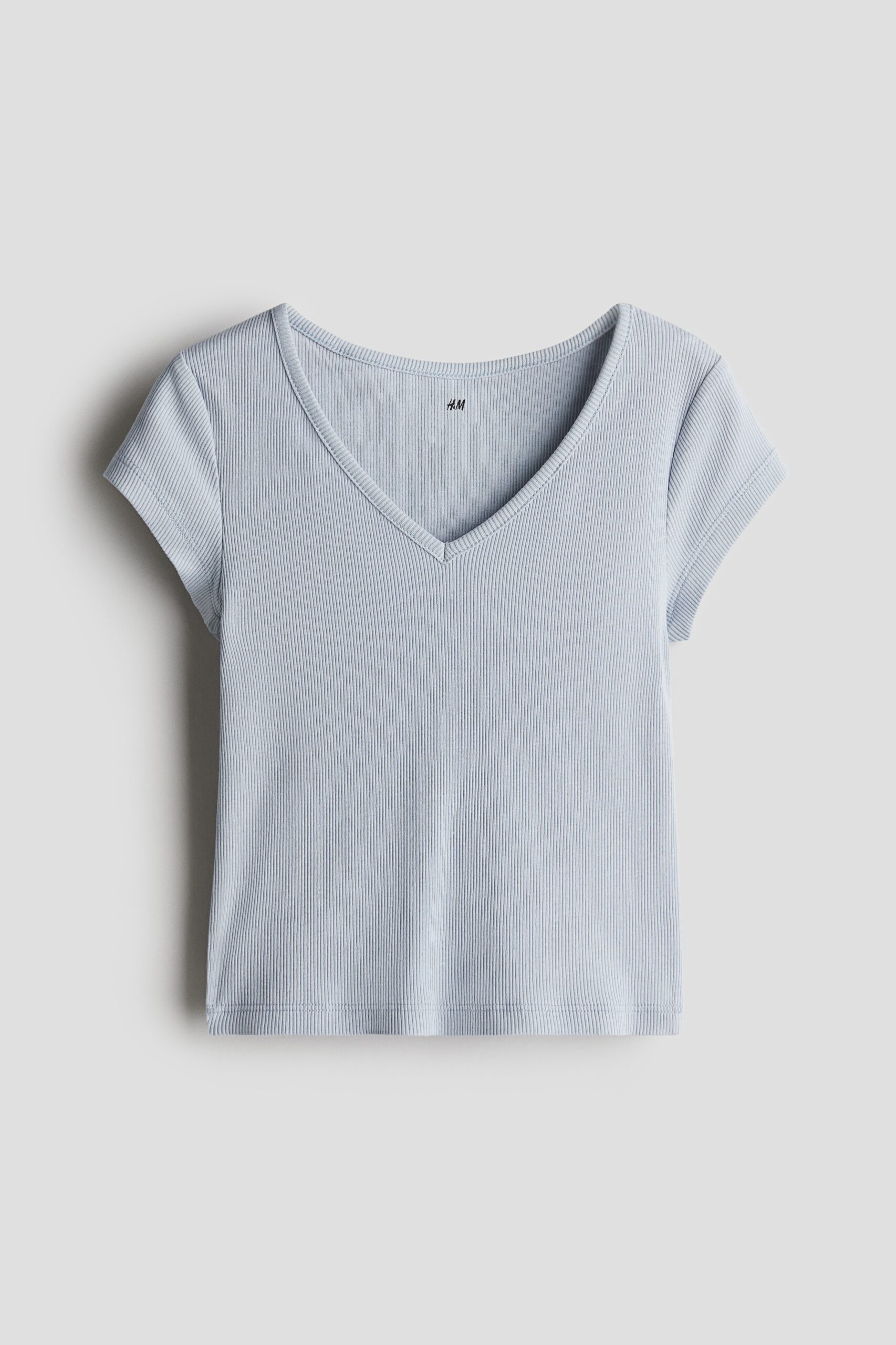 H & M - Top van katoenen ribtricot - Dusty Lichtblauw