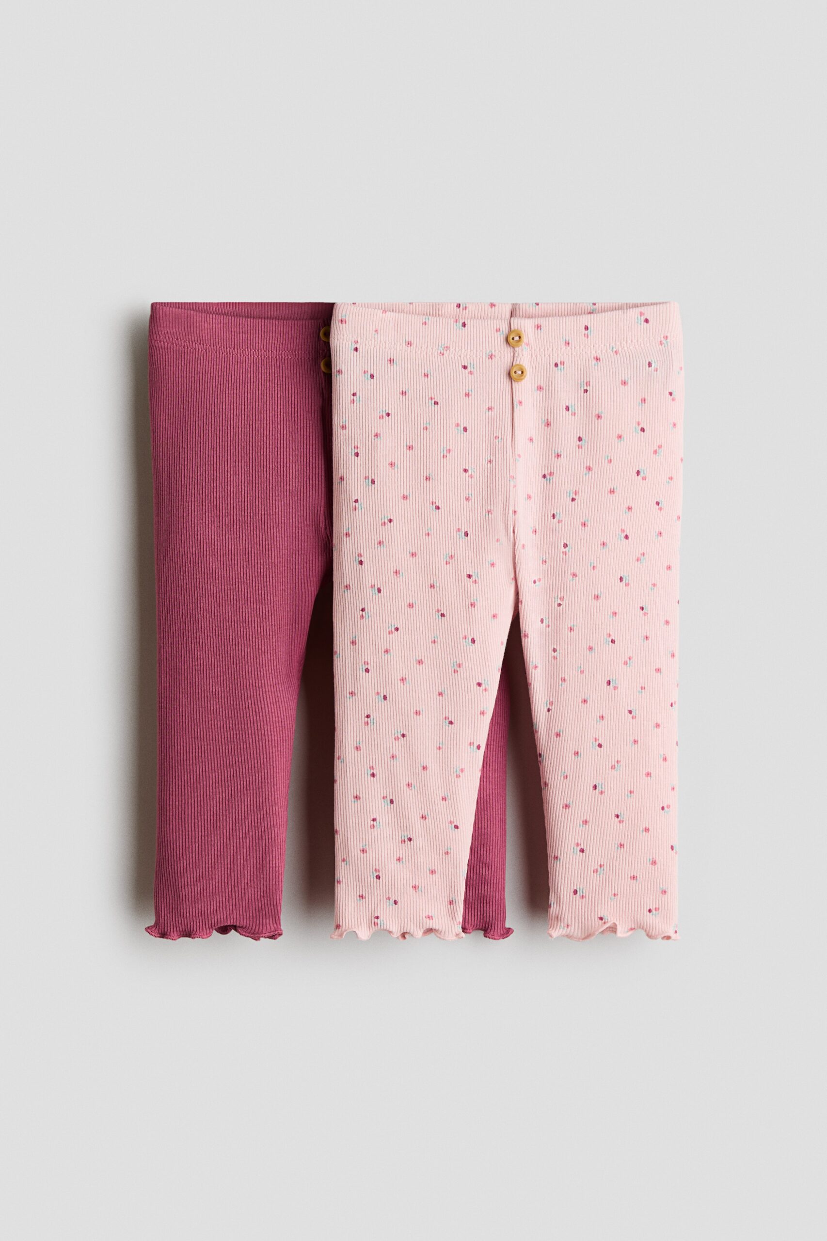 H & M - Set van 2 geribde katoenen leggings - Dusty Lichtroze/Bloemen
