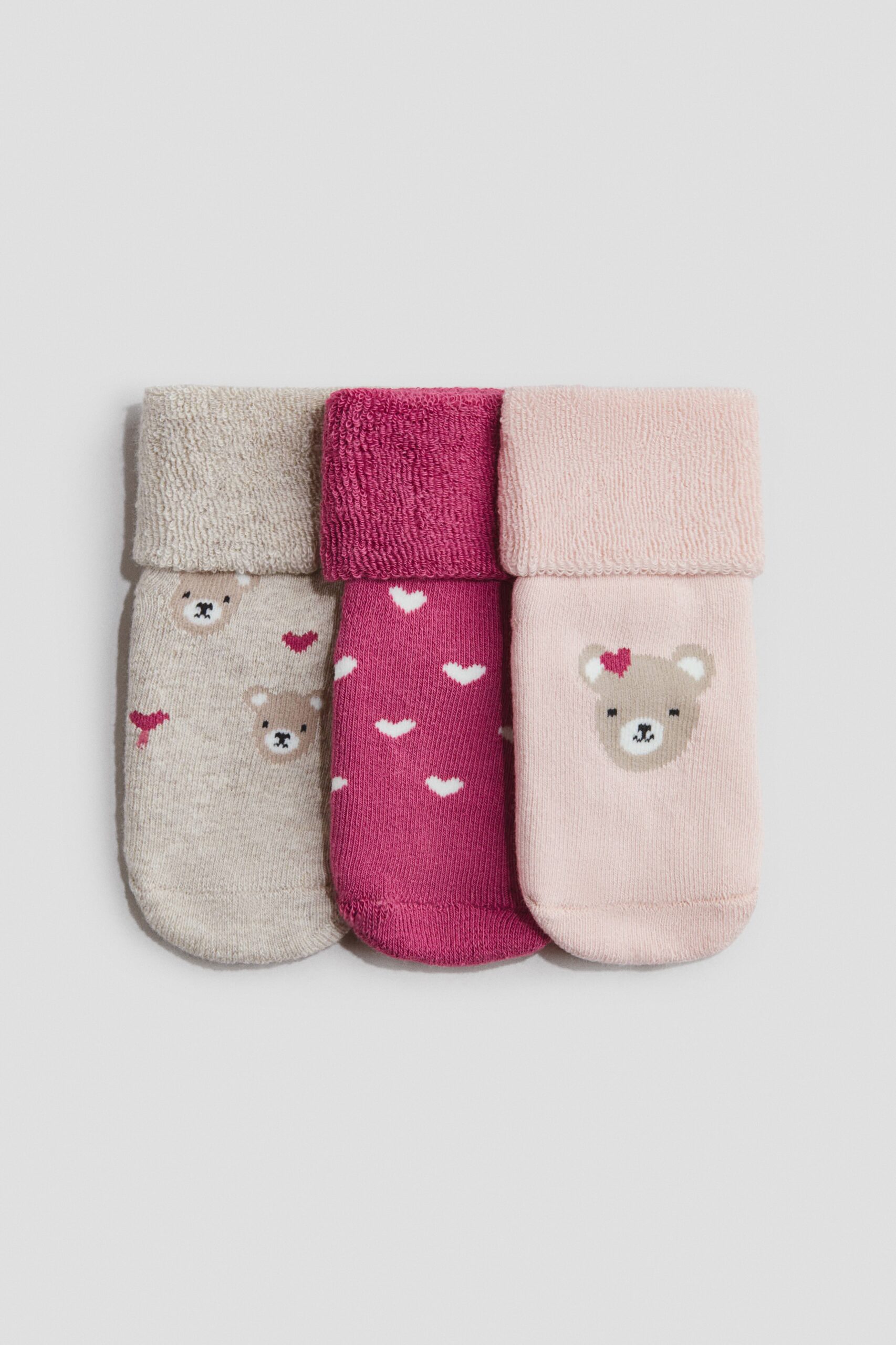 H & M - 3 paar badstof sokken - Lichtroze/Teddyberen
