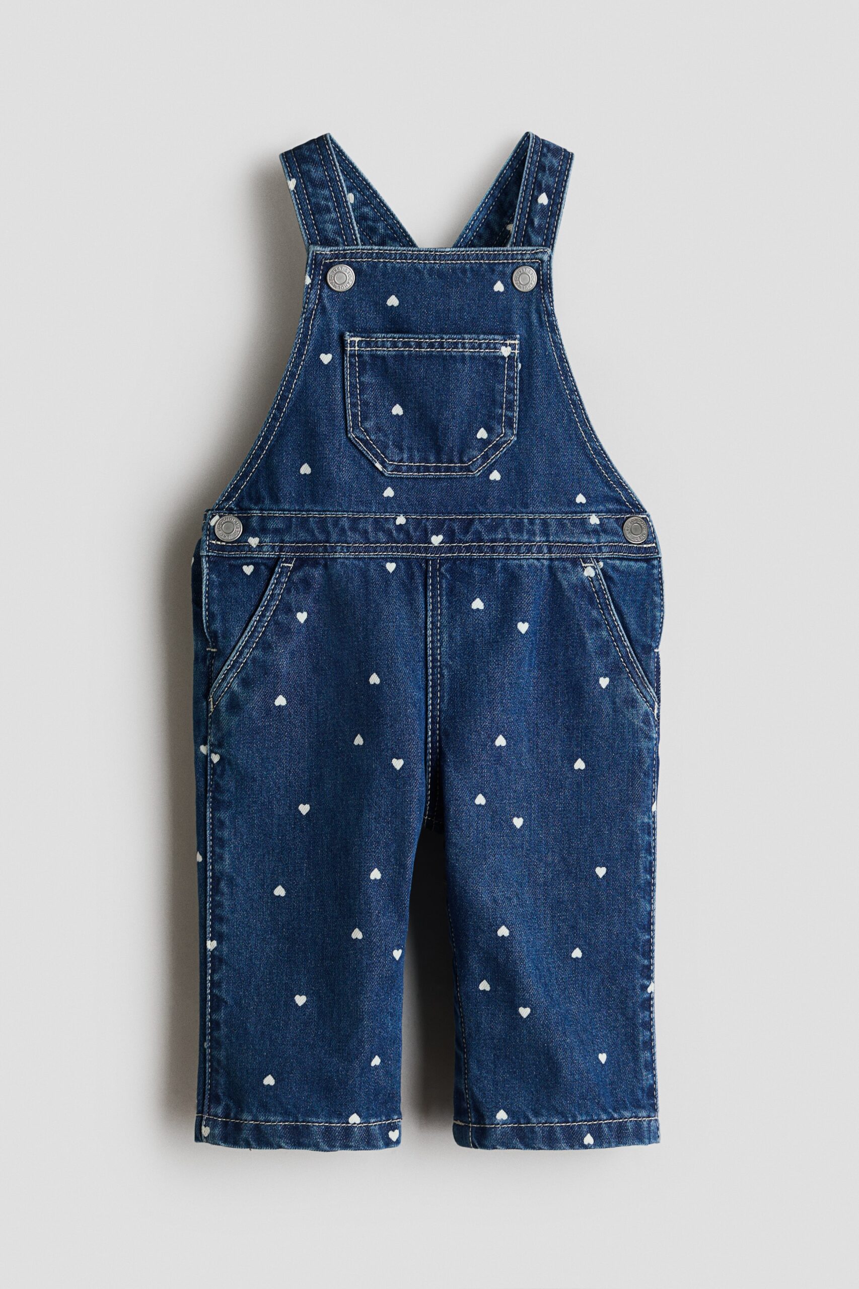 H & M - Denim salopette met print - Donkerblauw/Hartjes