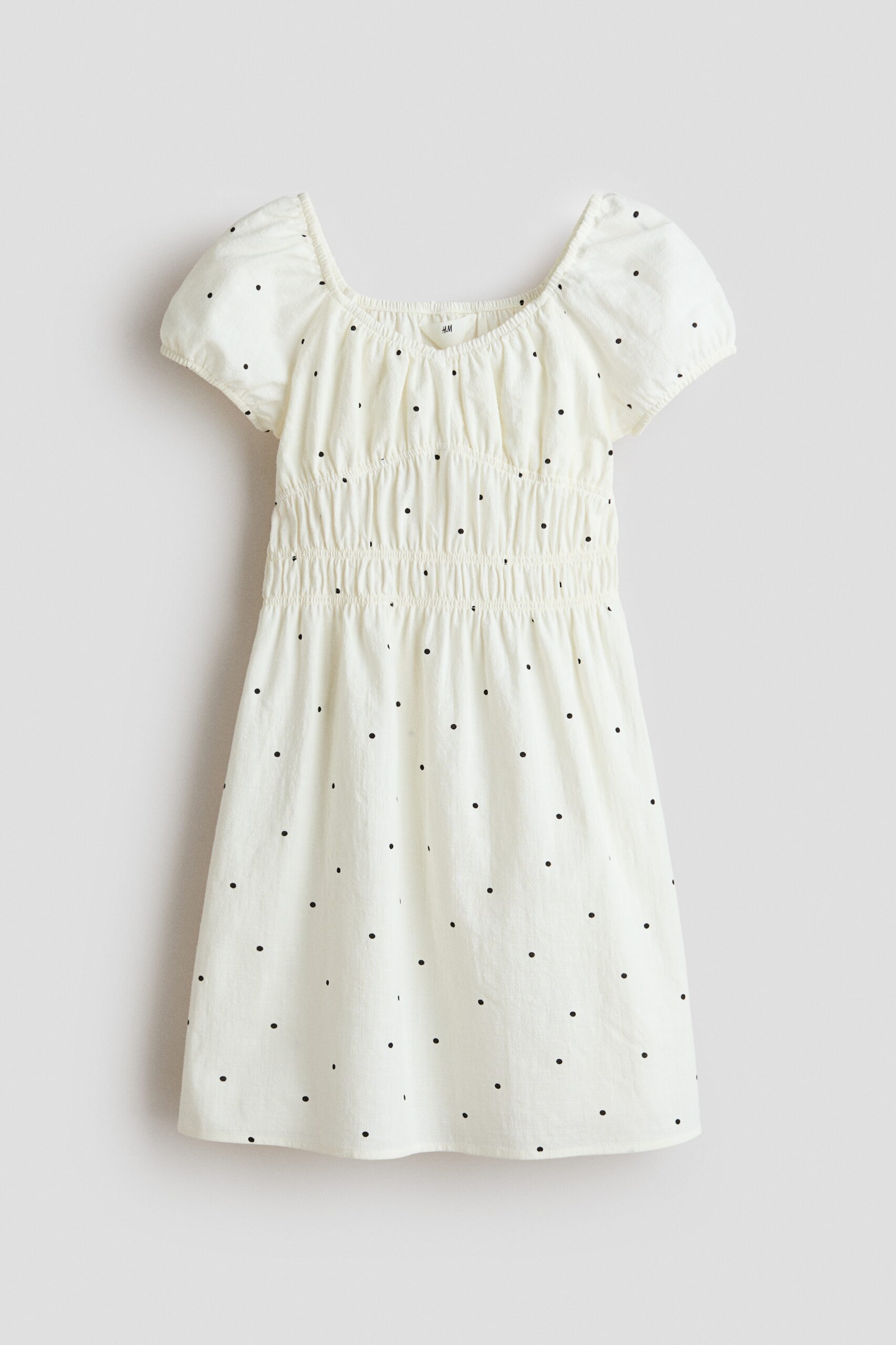 H & M - Katoenen jurk met pofmouwen - Wit/Stippen