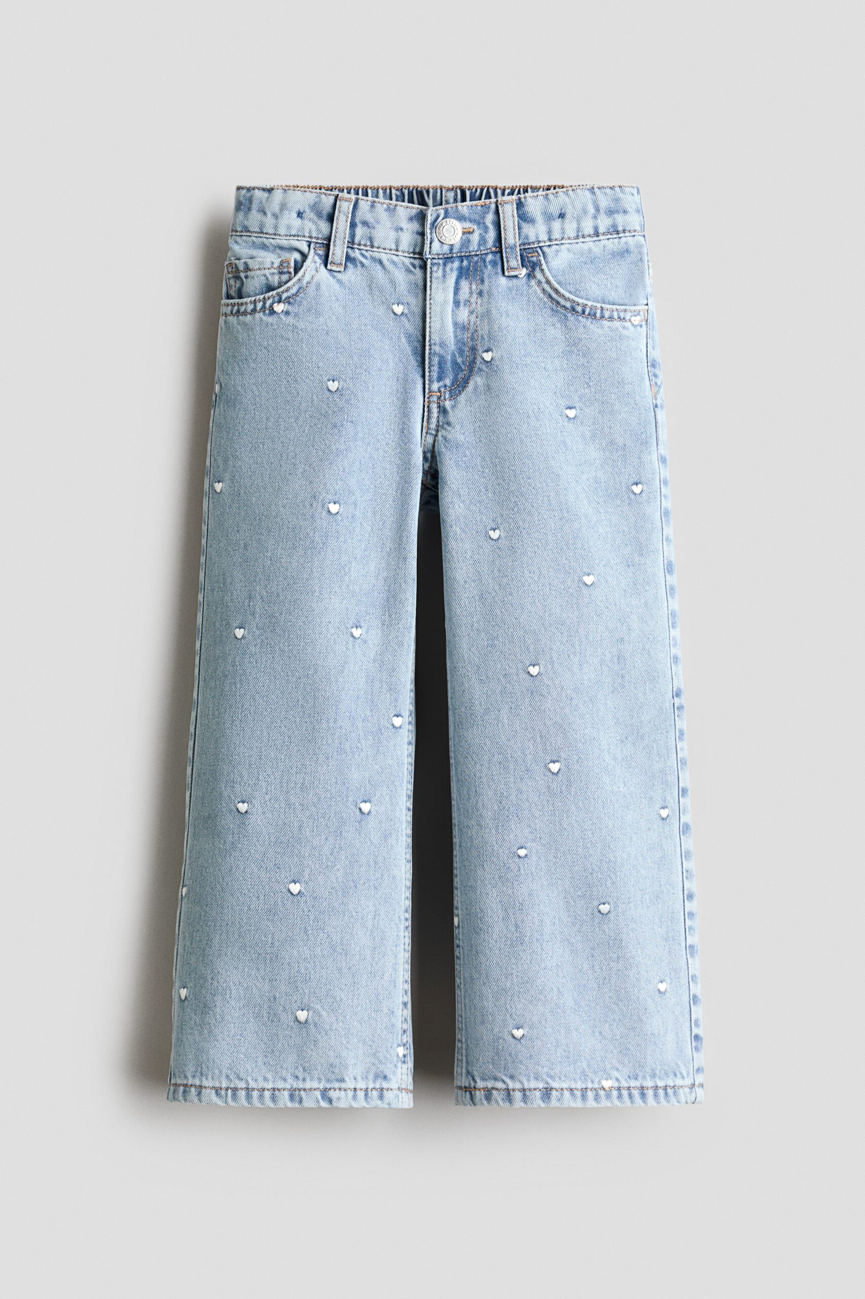 H & M - Wide Leg jeans met motieven - Licht Denimblauw/Hartjes