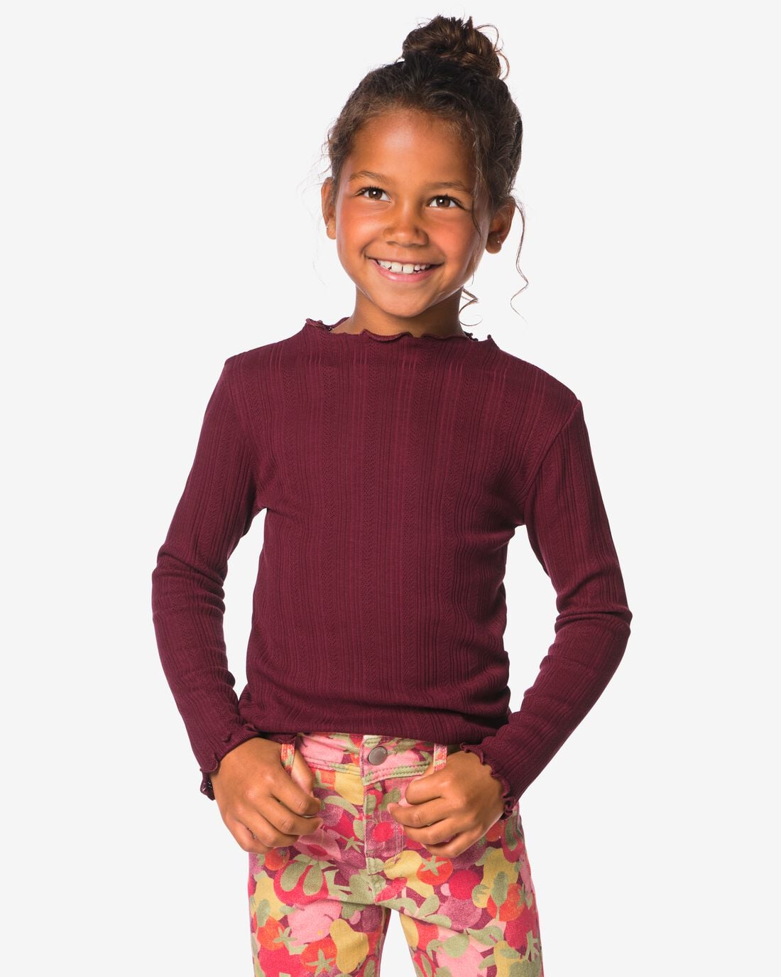 HEMA-HEMA-Kinder-T-shirt-Pointelle-Bordeauxrood-bordeauxrood