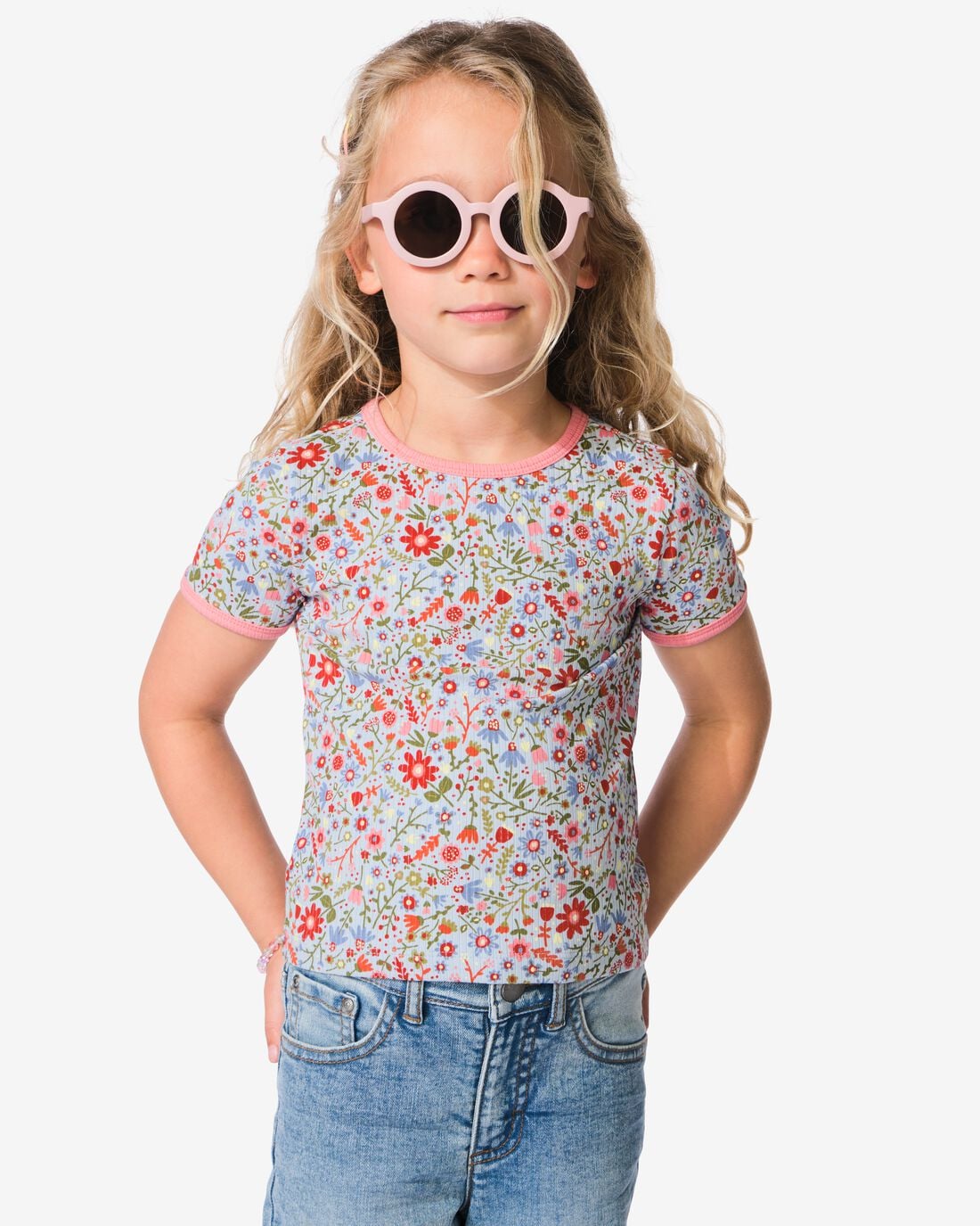 HEMA-HEMA-Kinder-T-shirt-Rib-Bloemen-Blauw-blauw